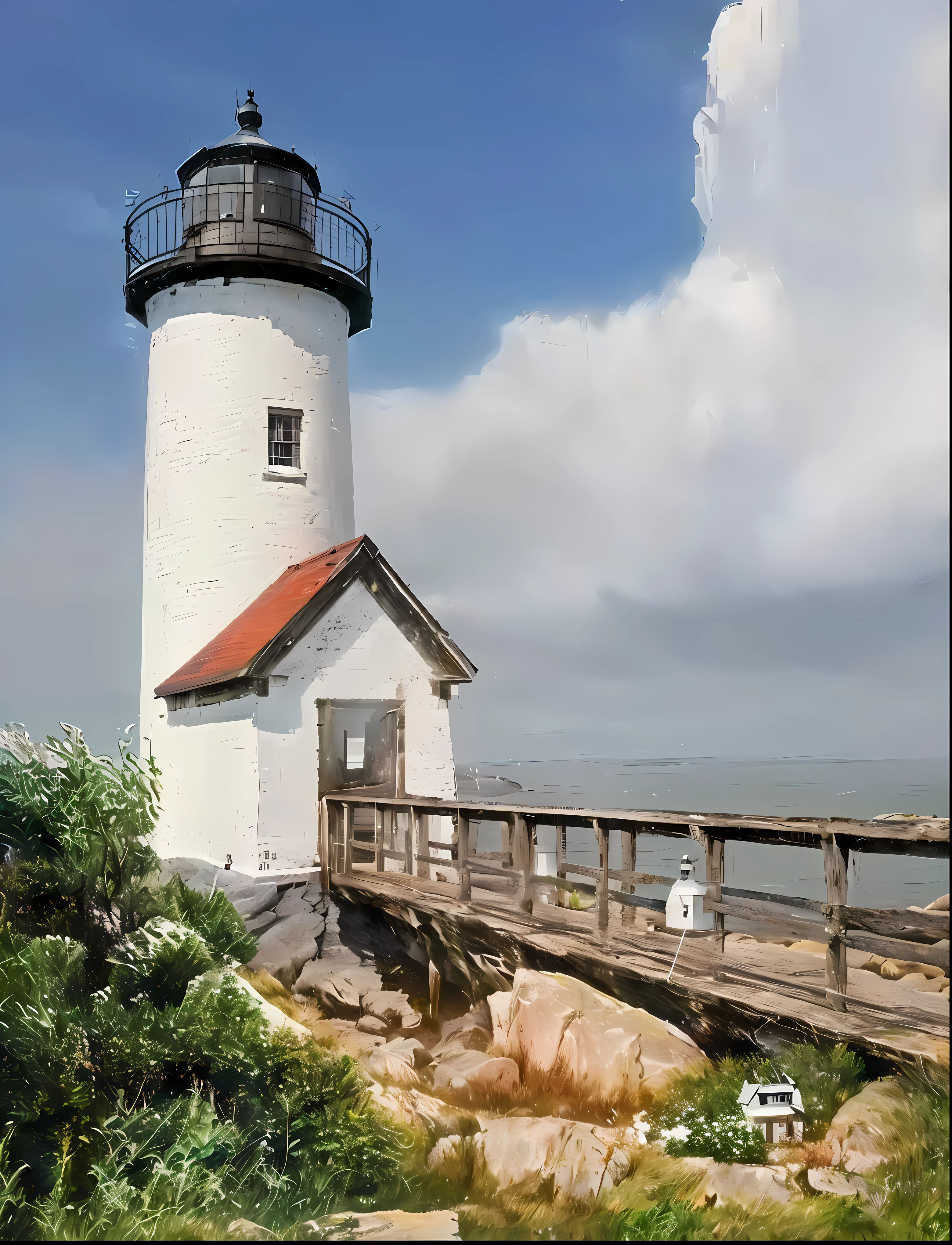 arafed lighthouse on a rocky shore with a wooden pier, lighthouse, lighthouse, rhode island, cape, Full view, List Image, coastal, author：John Ellsworth Weiss, Earlier, Tag ", new hanle, Craigville, A beautiful photo, White, Amazing, High-resolution photos, Enhance photos, full view, Post-processing