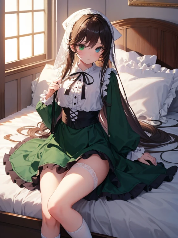 masterpiece, highest quality, Very detailed, 16k, Ultra-high resolution, Cowboy Shot, One 12-year-old girl, Detailed face, Perfect Fingers, suiseiseki,  bonnet, head scarf, heterochromia, green dress, neck ribbon, twin drills, white socks, shoes, White panties, Western-style building, classical European style bedroom, Lie on your back