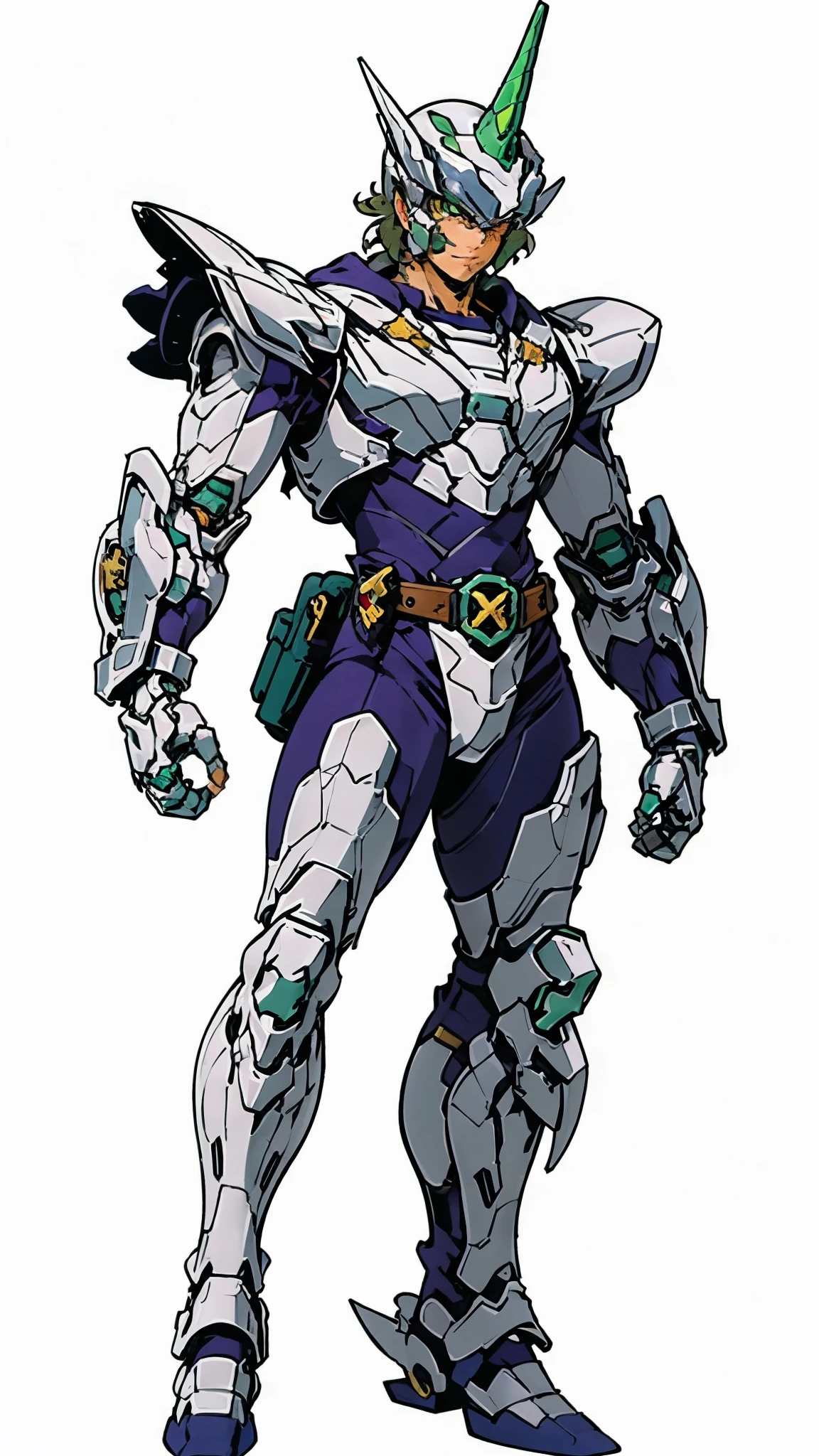 A man wearing a full-face helmet, a fantasy-style biotech armored combat suit, green eyes, (a composite layered chest armor), fully enclosed shoulder guards, matching arm and leg guards, the belt is adorned with Horseshoe-shaped marker, (the color scheme is primarily white with green accents), the design balances heavy with agility, a high-tech bio-mecha armor, (Armor Concept Inspired by Unicorn, stand on the top of a skyscraper in a futuristic sci-fi city), this character embodies a finely crafted fantasy-surreal style armored hero in anime style, exquisite and mature manga art style, (battle damage, element, plasma, energy, the armor glows), ((male:1.5)), metallic, real texture material, dramatic, high definition, best quality, highres, ultra-detailed, ultra-fine painting, extremely delicate, professional, perfect body proportions, golden ratio, anatomically correct, symmetrical face, extremely detailed eyes and face, high quality eyes, creativity, RAW photo, UHD, 32k, Natural light, cinematic lighting, masterpiece-anatomy-perfect, masterpiece:1.5