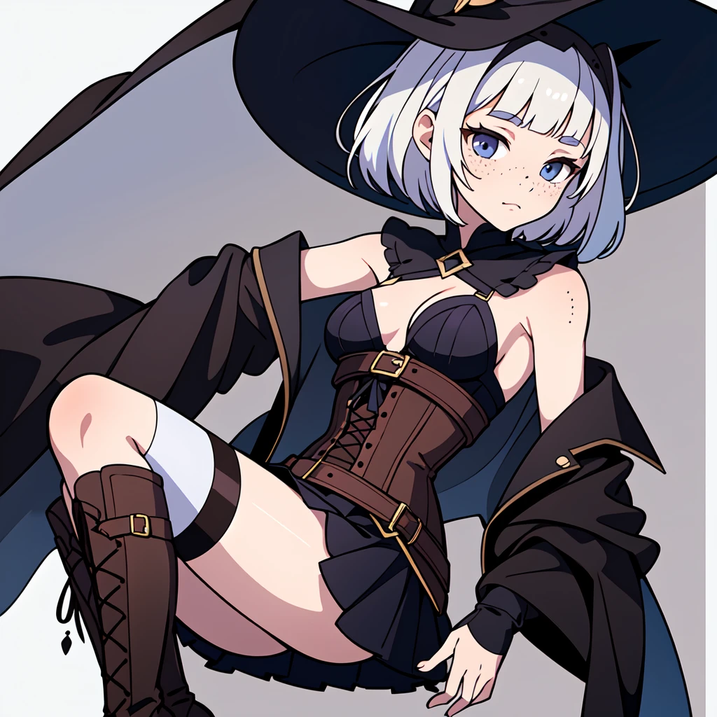 solo girl, witch hat, Brown hair, long bangs, short hair, side ponytail, freckles, underboob, Jacket, armor, exposed shoulders, thighhighs boots, skirt, cute pose, corset, white hair highlights,