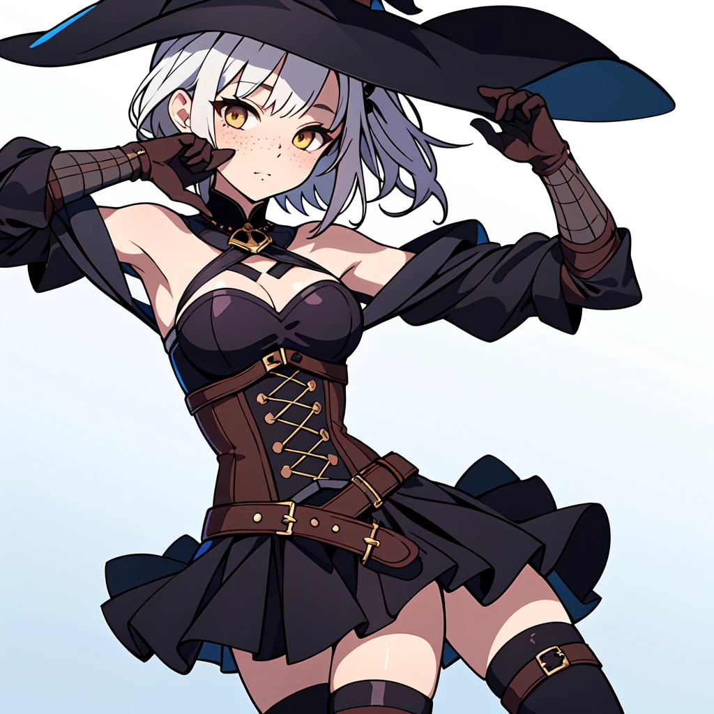 solo girl, witch hat, Brown hair, long bangs, short hair, side ponytail, freckles, underboob, Jacket, armor, exposed shoulders, thighhighs boots, skirt, cute pose, corset, white hair highlights,