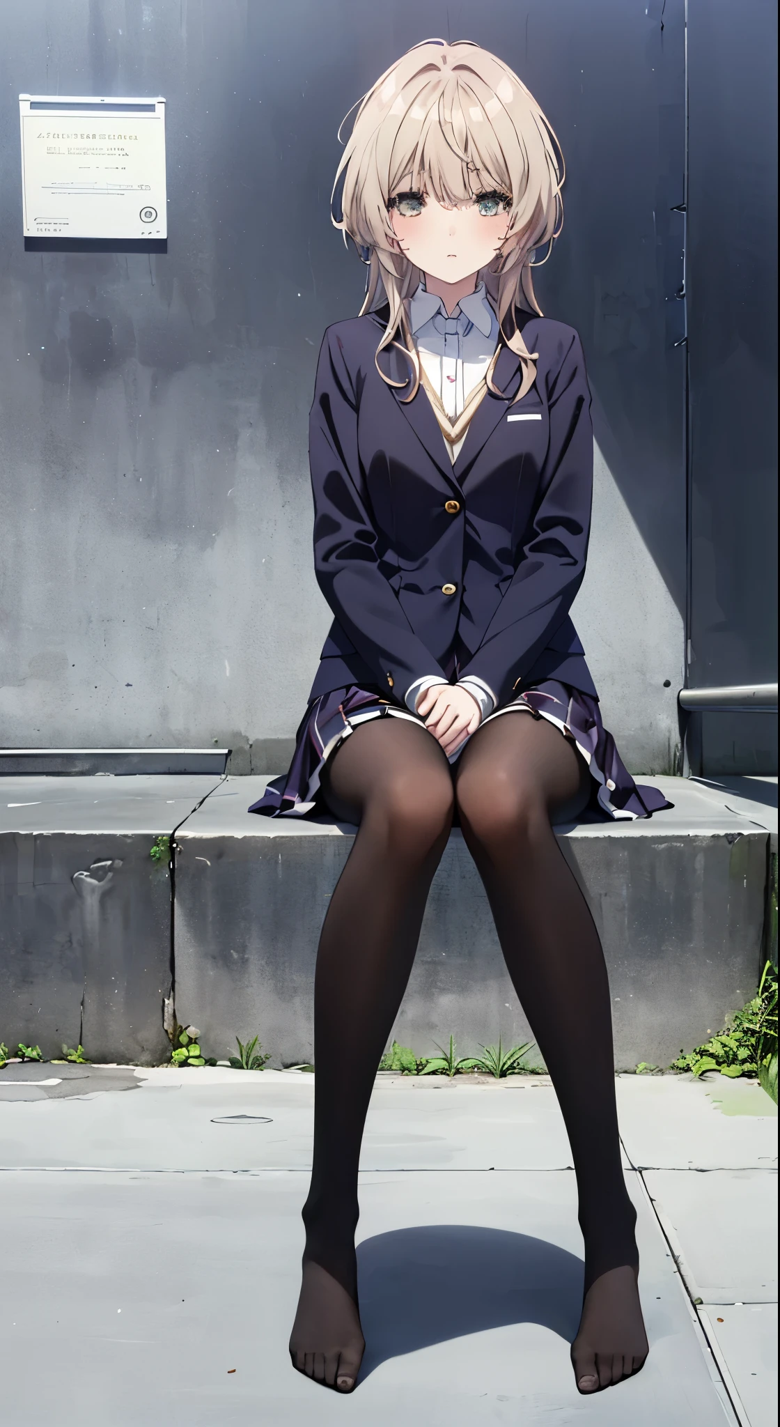 Top quality, masterpiece, High resolution, (Head to toe full body), front, frontやや下からの構図, Symmetric, Tall 18 year old girl, alone, (Head to toe), (Small breasts), Unkempt brown hair, bangs, (black tights), (Black Pantyhose), (Sit with your legs apart), (Crouching pose), (A composition showing white panties), (her legs spread、White panties are visible.), (Sit on the floor with your legs spread), (M-shaped feet), Thin legs, A very beautiful and tall 18 year old girl, (No shoes), blush, Shy big eyes, looking at the camera, Blazer uniform, Checkered pleated skirt