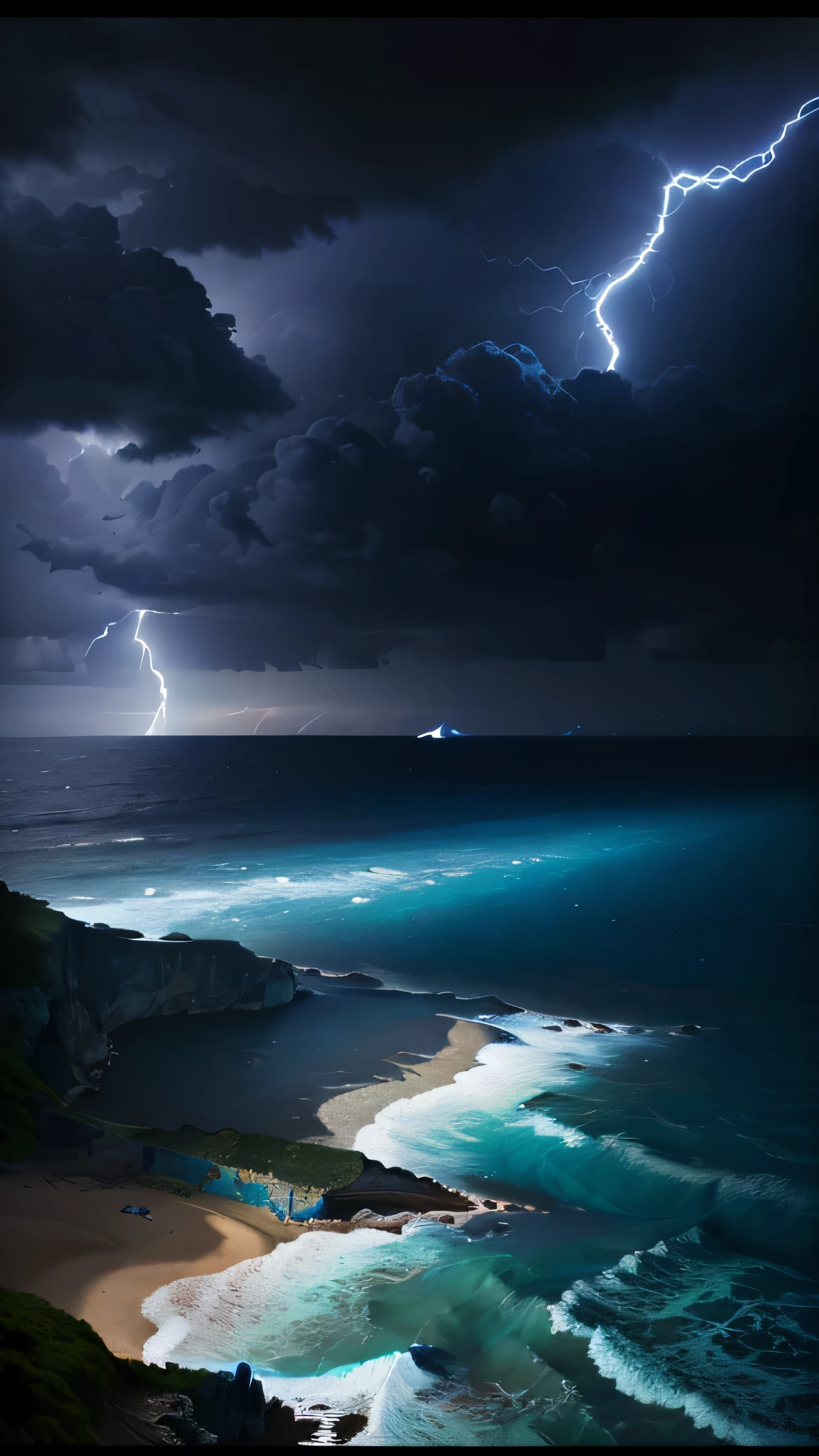 (highest quality,4K,8k,High resolution,masterpiece:1.2),Super detailed,(Realistic,photoRealistic,photo-Realistic:1.37),Dark blue background, Stormy Coast, Continuing sandy beach, Blue sky, Many flashes of lightning, Product Showcase, Vibrant colors, Dramatic lighting