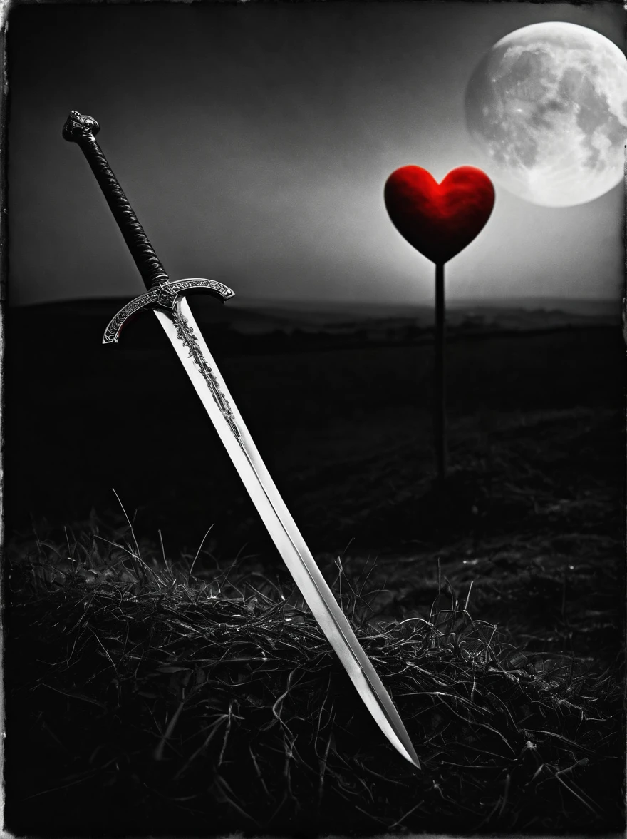 Under the Moonlight，A long sword shining silver lies horizontally，Pointing directly to a bright red heart，The scene was all captured in a dramatic black and white photograph，Its characteristics are high contrast，Deep shadows and rich emotional atmosphere，The style is reminiscent of romantic Gothic art，Evocative and timelessly beautiful，To further enhance the texture，This photo appears to have been shot on medium format film，Adds a touch of nostalgia and handcrafted art to the scene，(monochrome:1.5)，(Black and White Photography:1.3)