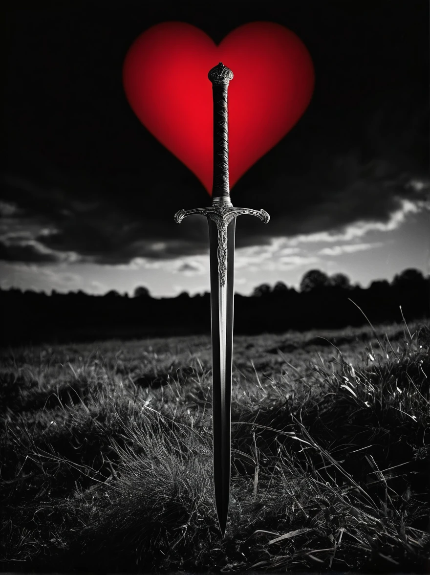 Under the Moonlight，A long sword shining silver lies horizontally，Pointing directly to a bright red heart，The scene was all captured in a dramatic black and white photograph，Its characteristics are high contrast，Deep shadows and rich emotional atmosphere，The style is reminiscent of romantic Gothic art，Evocative and timelessly beautiful，To further enhance the texture，This photo appears to have been shot on medium format film，Adds a touch of nostalgia and handcrafted art to the scene，(monochrome:1.5)，(Black and White Photography:1.3)