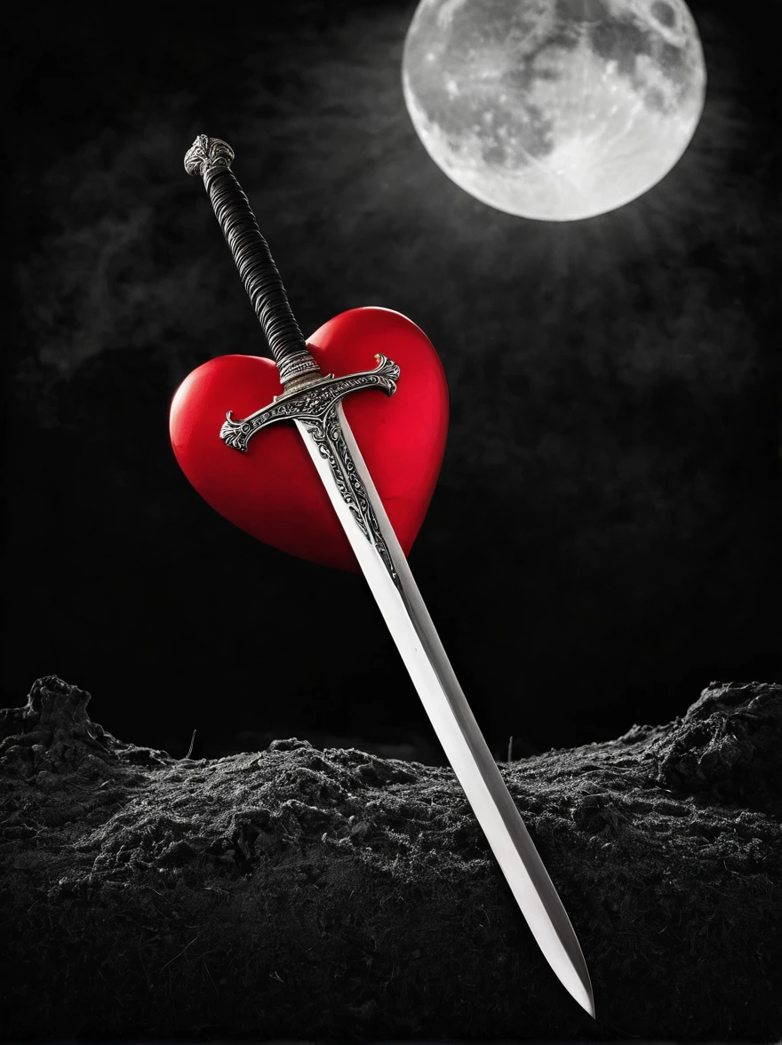 Under the Moonlight，A long sword shining silver lies horizontally，Pointing directly to a bright red heart，The scene was all captured in a dramatic black and white photograph，Its characteristics are high contrast，Deep shadows and rich emotional atmosphere，The style is reminiscent of romantic Gothic art，Evocative and timelessly beautiful，To further enhance the texture，This photo appears to have been shot on medium format film，Adds a touch of nostalgia and handcrafted art to the scene，(monochrome:1.5)，(Black and White Photography:1.3)