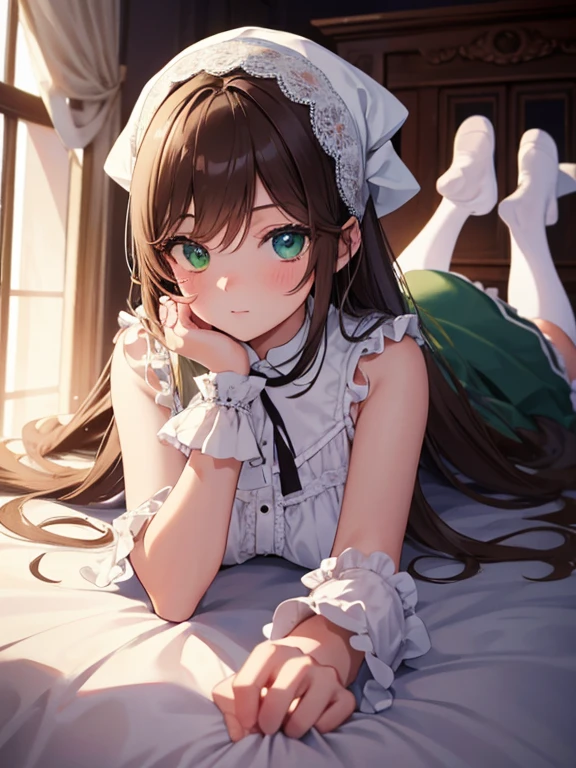 masterpiece, highest quality, Very detailed, 16k, Ultra-high resolution, Cowboy Shot, One ****************, Detailed face, Perfect Fingers, suiseiseki,  bonnet, head scarf, heterochromia, green dress, neck ribbon, twin drills, white socks, shoes, White panties, Western-style building, classical European style bedroom, Lie on your back