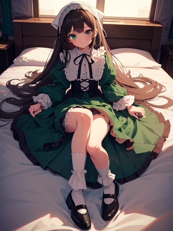 masterpiece, highest quality, Very detailed, 16k, Ultra-high resolution, Cowboy Shot, One 10-year-old girl, Detailed face, Perfect Fingers, suiseiseki,  bonnet, head scarf, heterochromia, green dress, neck ribbon, twin drills, white socks, shoes, White panties, Western-style building, classical European style bedroom, Lie on your back