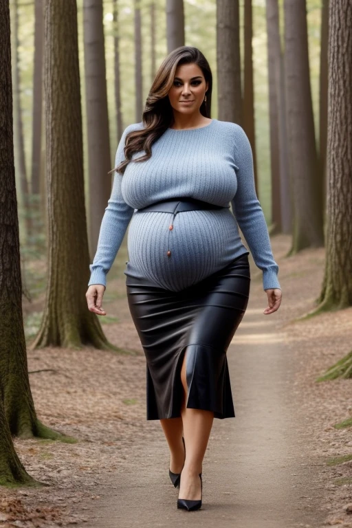 fine art portrait of a very pregnant 45yo European teacher, ((walking in the sunny forest)), voluptuous, curvy hourglass figure, highest quality, sexy face high resolution, Eleonora Pavinat 45yo old, sexy knitted sweater, sexy skirt, very long leather skirt, high heels, woman with huge breasts:1.5, curvy hourglass figure, huge protruding pregnant belly, extremely erotic lady,