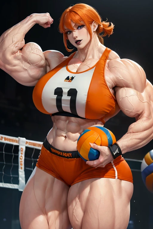 (((((Massive, tall, beautiful, buff, pale white skinned, muscular woman with orange hair, black lipstick, ginormous bulky muscles, flexes a bicep and wearing a orange volleyball Jersey and dolphin shorts))))), (close view), (massive muscles), massive biceps, hyper muscle shoulders, vascular shoulders, hyper muscle triceps, (long shaggy hair), green eyes, (wristbands), choker, sneakers, (in a volleyball court), confident smile, night, hyper vascular arm, hyper muscles arms, hyper muscle legs, massive arms.