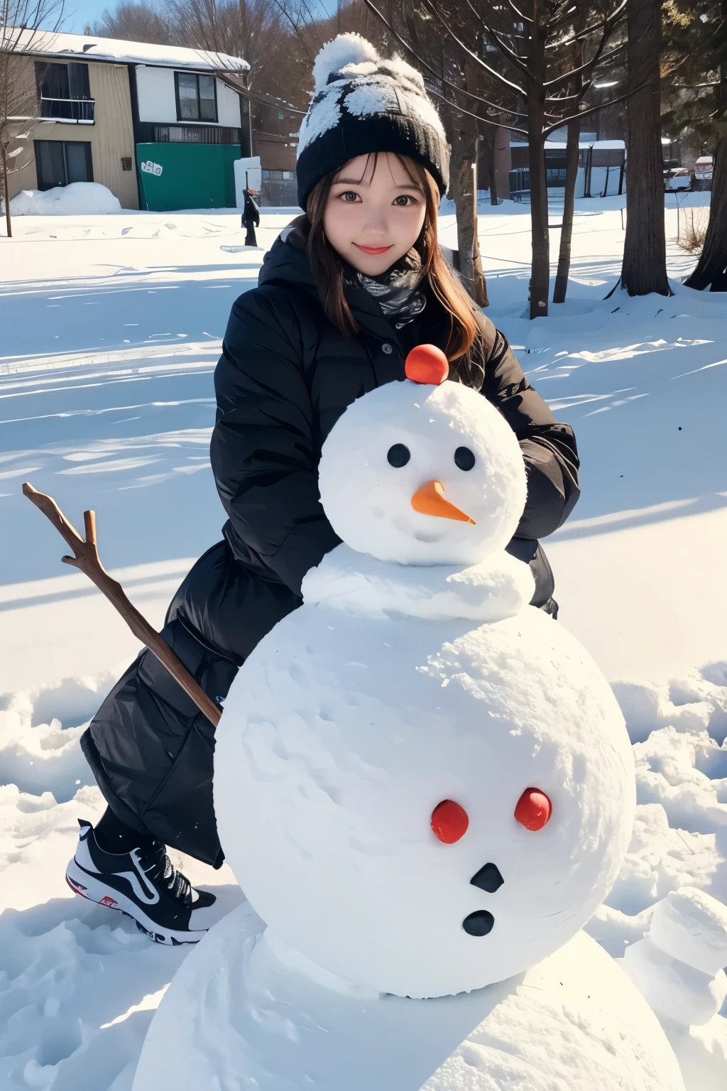 Model and background intact, photoreal stick、girl making a snowman, Random Actions,