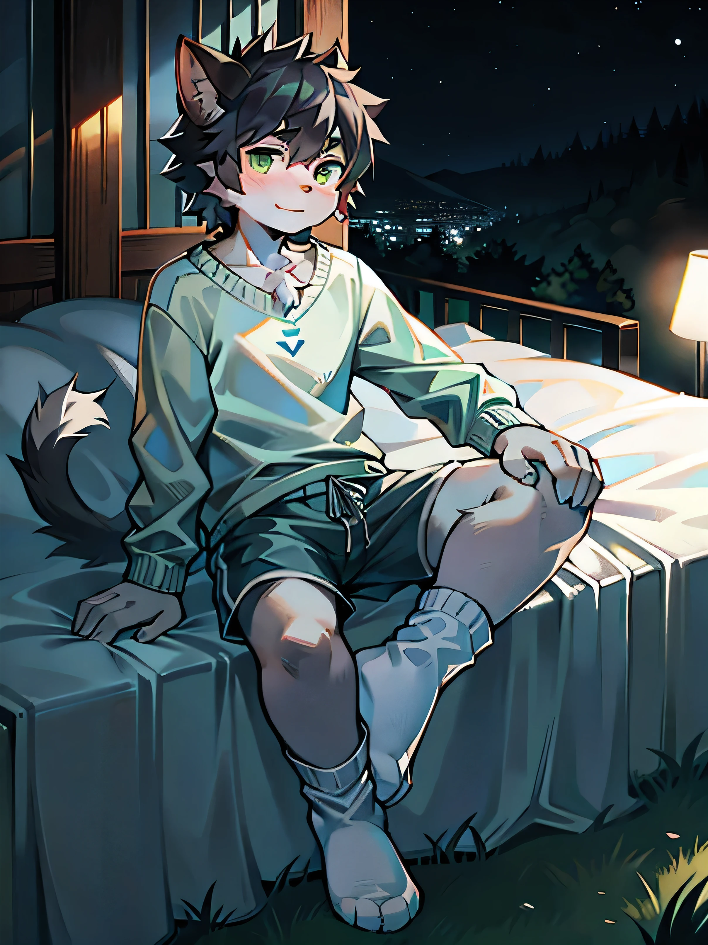 hairy,hairy cat boy,(Dark gray hair),(Dark gray skin),Green Eyes,Sit cross-legged on a white blanket on the grass,(Wearing long white socks),Light blue pajama shorts,night,The only person,high quality