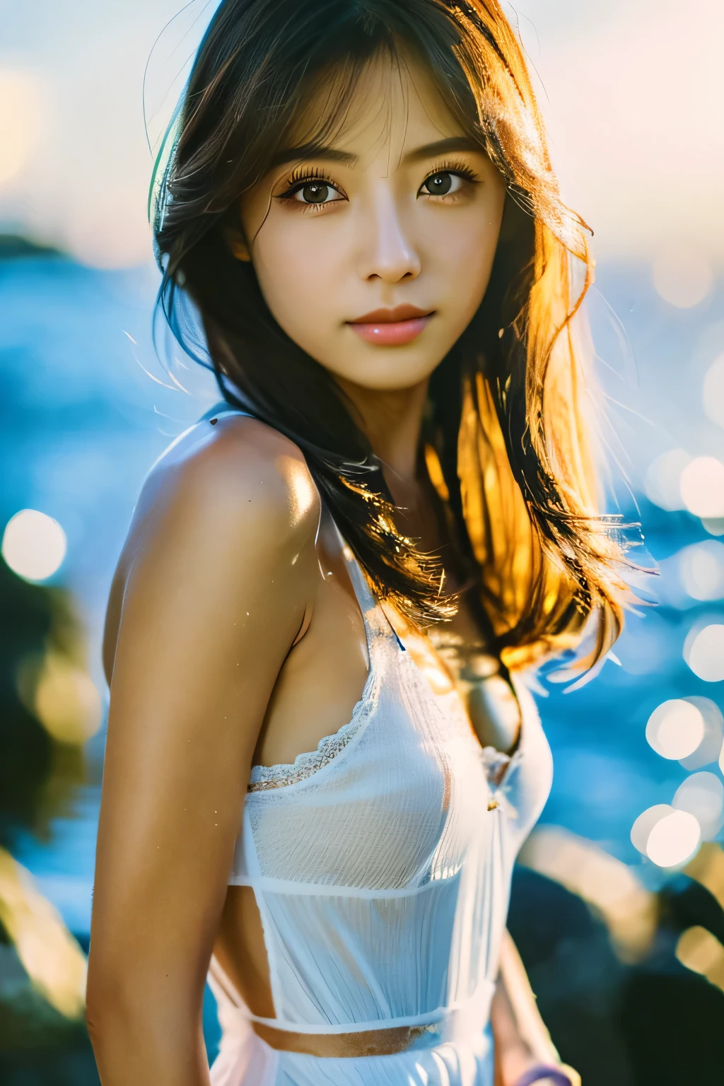 Masterpiece, 1 Beautiful Girl, (Reality 1.4), Japanese, Asian Beauty, Super Beautiful, Beautiful Skin, Thin, (Full Body Image), (Ultra Reality), (High Resolution), (8K), (Very Fine) , (beautiful detailed eyes), (very detailed), (detailed eye description), big eyes, brown eyes, long eyelashes, detailed face, shiny lips, bright lighting, professional lighting, camera Line of sight, serious expression, looking straight ahead, long hair, brown hair, seascape, Nogizaka idol, actress, 20 years old, white shirt, cleavage cut, baby face, moist and realistic skin texture, moist lips, natural shadow, (Raises arm)