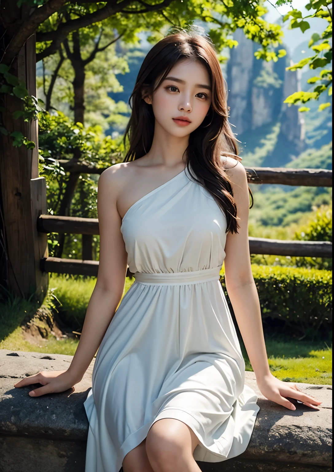 beautiful Asian girl,stand in front of,Tianzi Shan Mountain Peak Mountains Zhangjiajie,above knee length sundress,green mountains,sunlight filtering through the trees,serene expression,dark flowing hair,peaceful atmosphere,soft breeze,kaleidoscope of colors,ethereal beauty,blending with nature,harmonious composition,delicate features,lush vegetation,golden sunlight,sublime landscape,subtle elegance,graceful posture,soothing ambiance,serene and majestic,the girl's eyes reflect the beauty of the mountains,magical and dreamlike,tranquility and harmony,serene and ethereal,gentle and graceful,natural beauty,mesmerizing scenery,looks like a painting,captivating beauty,harmonious color palette,incredible natural wonder,serenity and tranquility,majestic and awe-inspiring