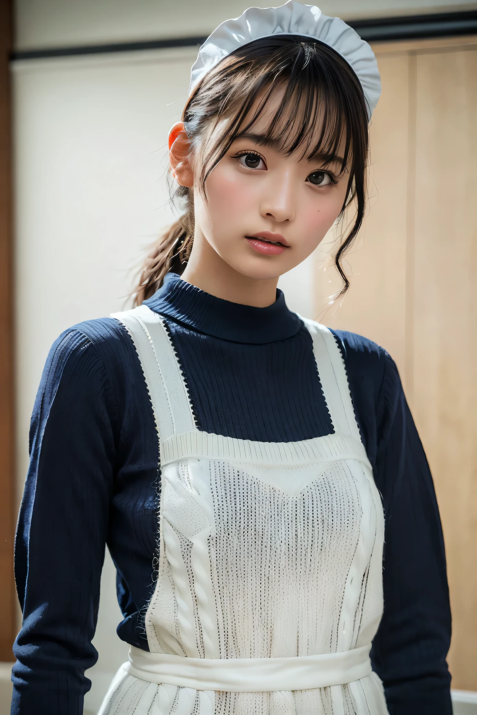 (8k, RAW Photos,highest quality, High resolution:1.1), (Ultra-realistic:1.4),(Realistic, Realistic:1.3),The Beauty of Japan、Rhythmic gymnastics club、Rhythmic Gymnastics Uniform、((Upper Body:1.3)),Maid Cafe、((Maid:1.3)),(Knitted sweater:1.3)