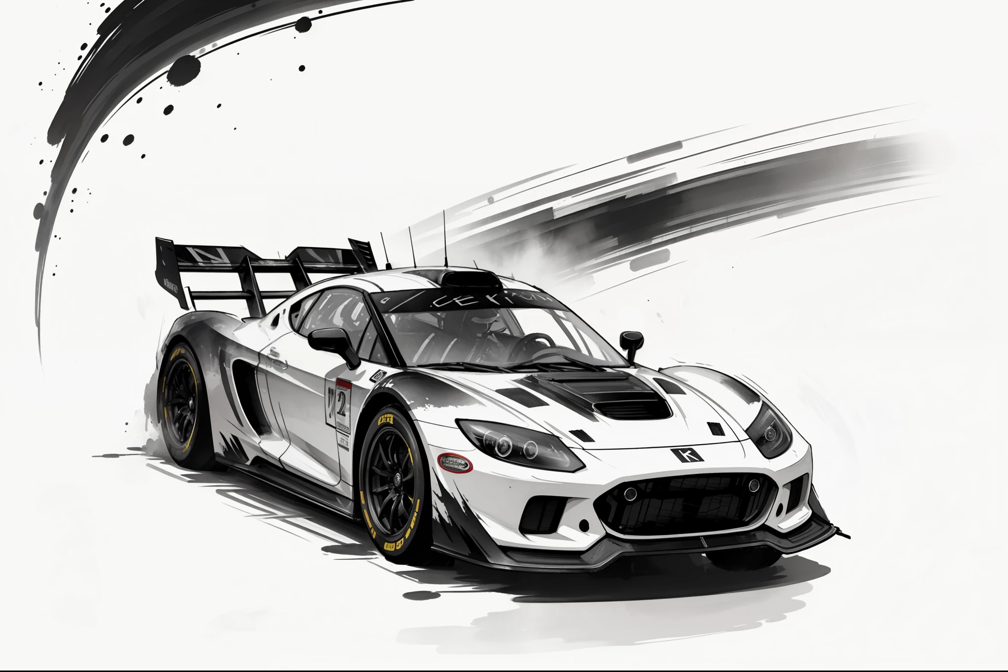 (8k, RAW Photos, 最high quality, masterpiece: 1.2), Black and White, Monochrome artwork, Ink Painting, (((Racing Car))), Streamlined body, GT Machine, Lively, The Roar of the Engines, (circuit driving:1.2), Expressing a sense of speed with ink splashes, (((Aggressive headlight design:1.2, Racing Machine, Front view))), high quality, (((Ink Painting))),