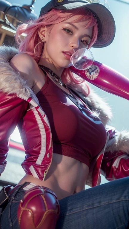 "(best quality,highres,masterpiece:1.2),ultra-detailed,(realistic,photorealistic,photo-realistic:1.37),close-up,a woman with pink hair,hip-hop hat,extremely detailed Artgerm-style artwork,Artgerm-style,highly intricate,eating bubble gum,evil-smile,carrying baseball bat, evil-eye"