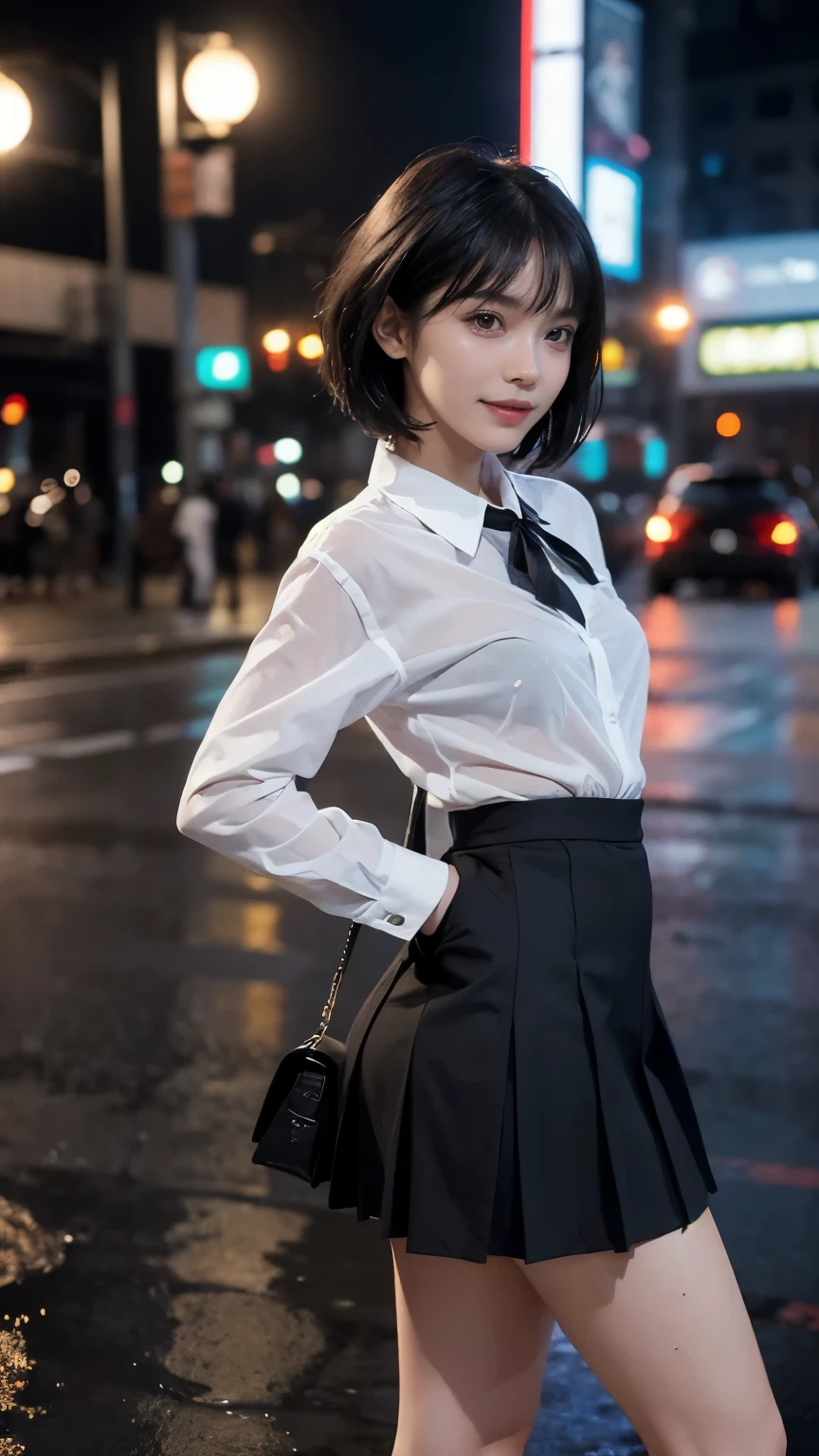 (((Clothing:2.0, school uniform:2.0, :1.8, mini skirt:1.8, See-through:1.3))), (Wet:1.8), ((Modern city:1.8)), ((A grin:1.3, Short Hair:1.2, slender:1.5, Small Ass:1.5)), ((Japanese, 1 Girl, 18-year-old, 7 heads, Ideal body proportions, Black Hair, With bangs, Small breasts, Erect nipples, slender, Small Ass, Beautiful feet, Skinny Legs)), Surrealism, Cinematic Lighting, Depth of written boundary, First Person View, F/1.8, 135mm, Ticker, Mastepiece, Curate, ((Anatomically correct:1.3)), Textured skin, Super Detail, High detail, High quality, Awards, Best Quality, High resolution, 8K
