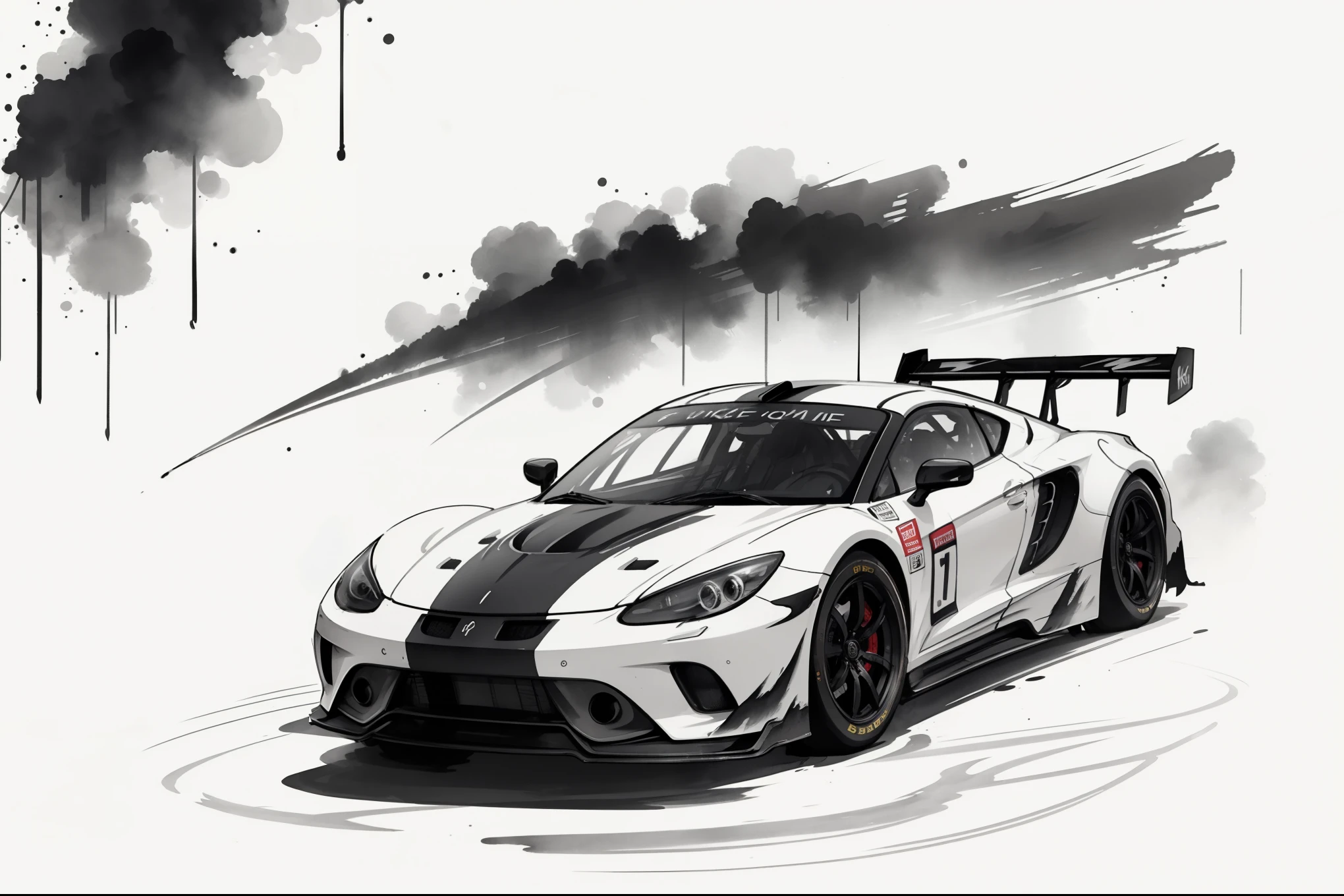 (8k, RAW Photos, 最high quality, masterpiece: 1.2), Black and White:1.4, Monochrome artwork, Ink Painting, (((Racing Car))), Streamlined body, GT Machine, Lively, The Roar of the Engines, (circuit driving:1.2), Expressing a sense of speed with ink splashes, (((Aggressive headlight design:1.2, Racing Machine, Front view))), high quality, (((Ink Painting))),