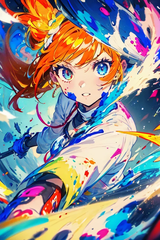 1girl,solo,cute,orange hair,colorful,paint,face focus,perfect face,face is dirty for painting,brilliant eye,vivid eye,colorful eye,glorious
