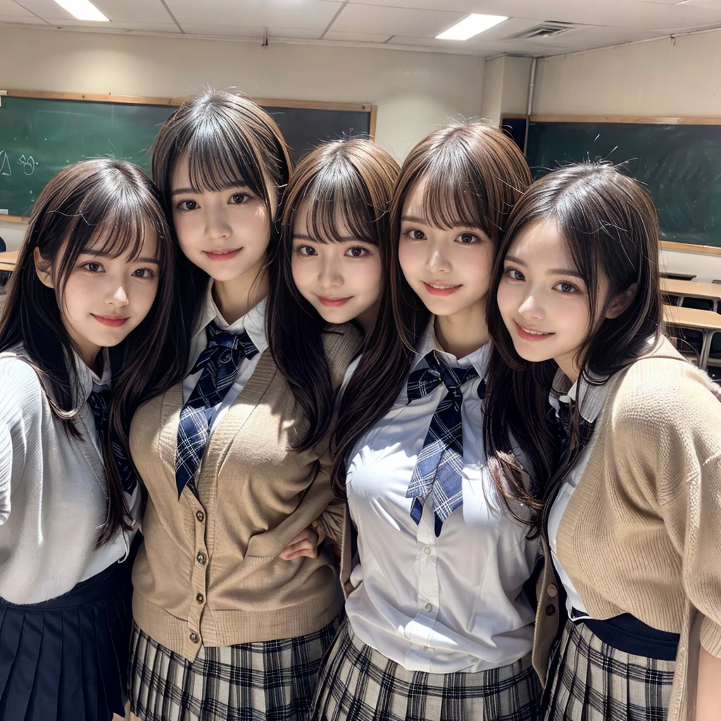 ((top-quality、masutepiece、8K、Top image quality))、Highly saturated、(Group photo of 3 high school girls:1.5)、((School uniform white shirt、Ribbon on the chest、Plaid pleated skirt))、The happiest smile、Biggest smile、Show your teeth and smile、View me、(waved hair)、The background is a school classroom、lipsticks、Perfect makeup、Emphasize body lines、large breast、(accurate anatomy:1.3)、(perfect hair:1.2)、(exact cardigan:1.3)