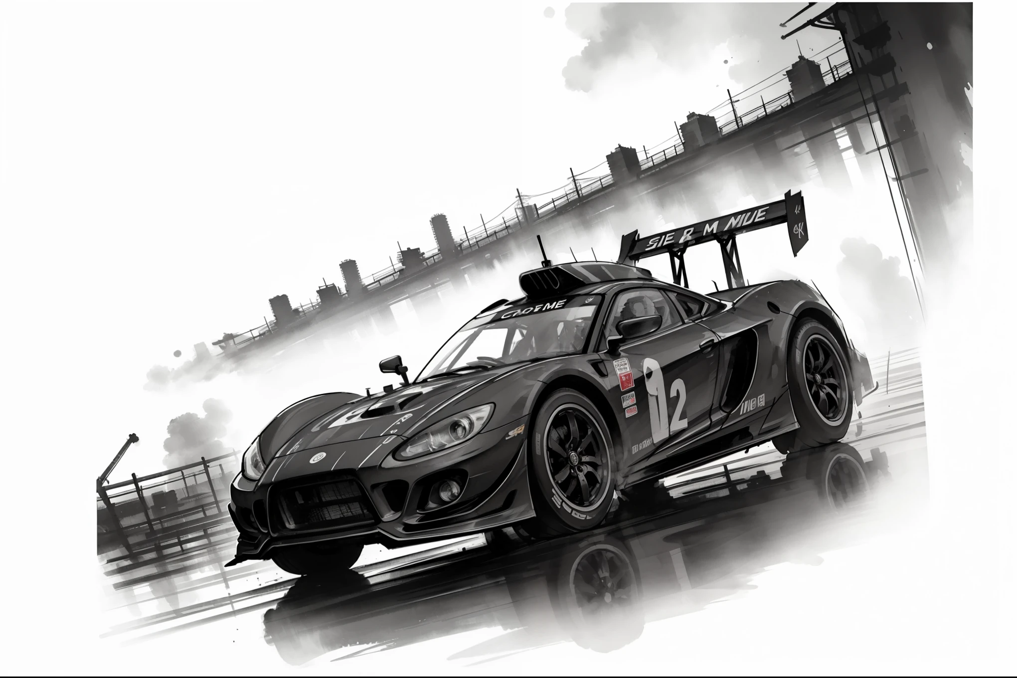 (8k, RAW Photos, 最high quality, masterpiece: 1.2), Black and White:1.4, Monochrome artwork, Ink Painting, (((Racing Car))), Streamlined body, GT Machine, Lively, The Roar of the Engines, (circuit driving:1.2), Expressing a sense of speed with ink splashes, (((Aggressive headlight design:1.2, Racing Machine, Front view))), high quality, (((Ink Painting))),