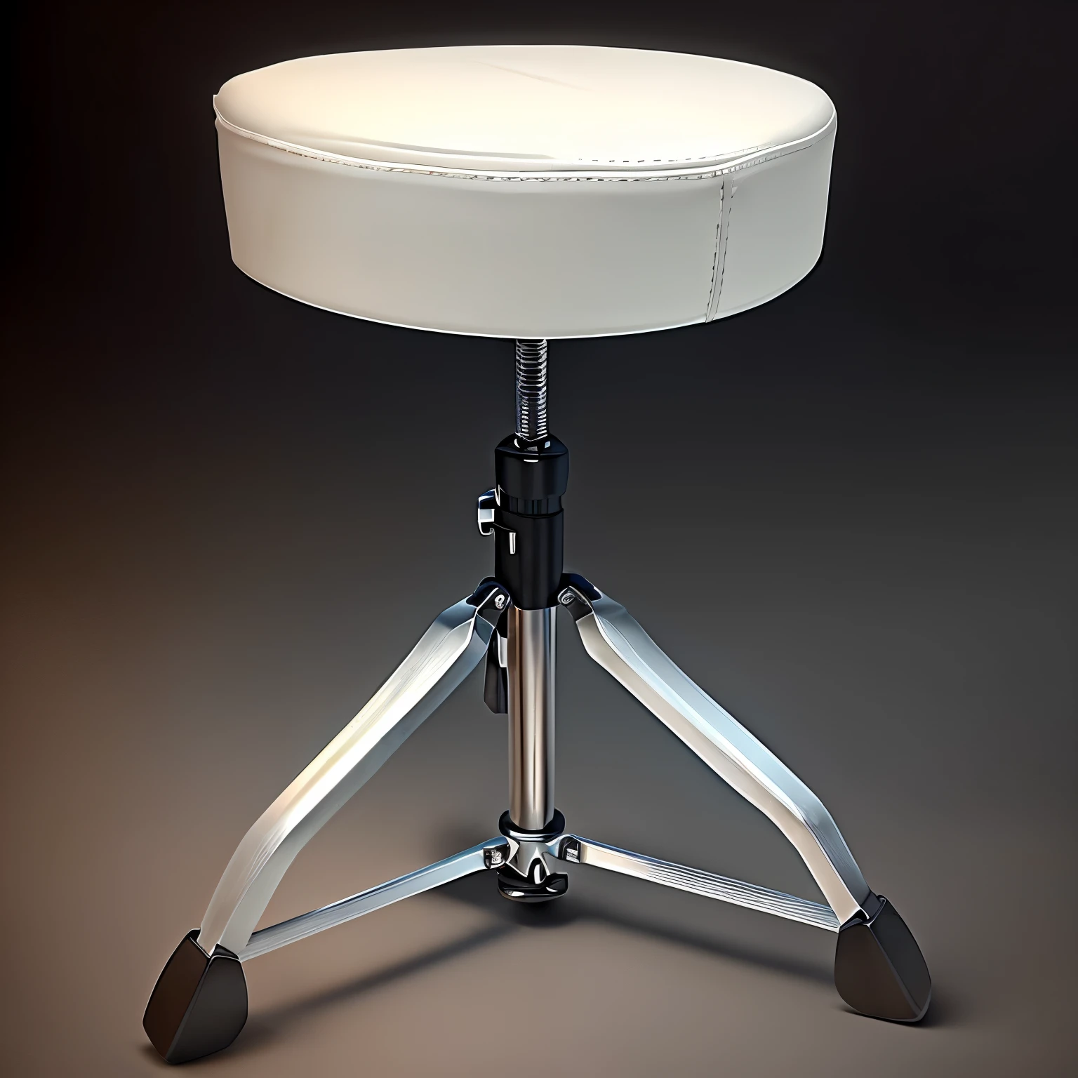 Close-up of a drum stool with white leather seat, stool的逼真渲染, Leather cushion, Wrought iron tripod,Stainless steel tripod,Nickel plating process;3 / 4 views, 3/4 views, Full Height View, , stool,, high detail, detailed picture, Ultra-clear realism。