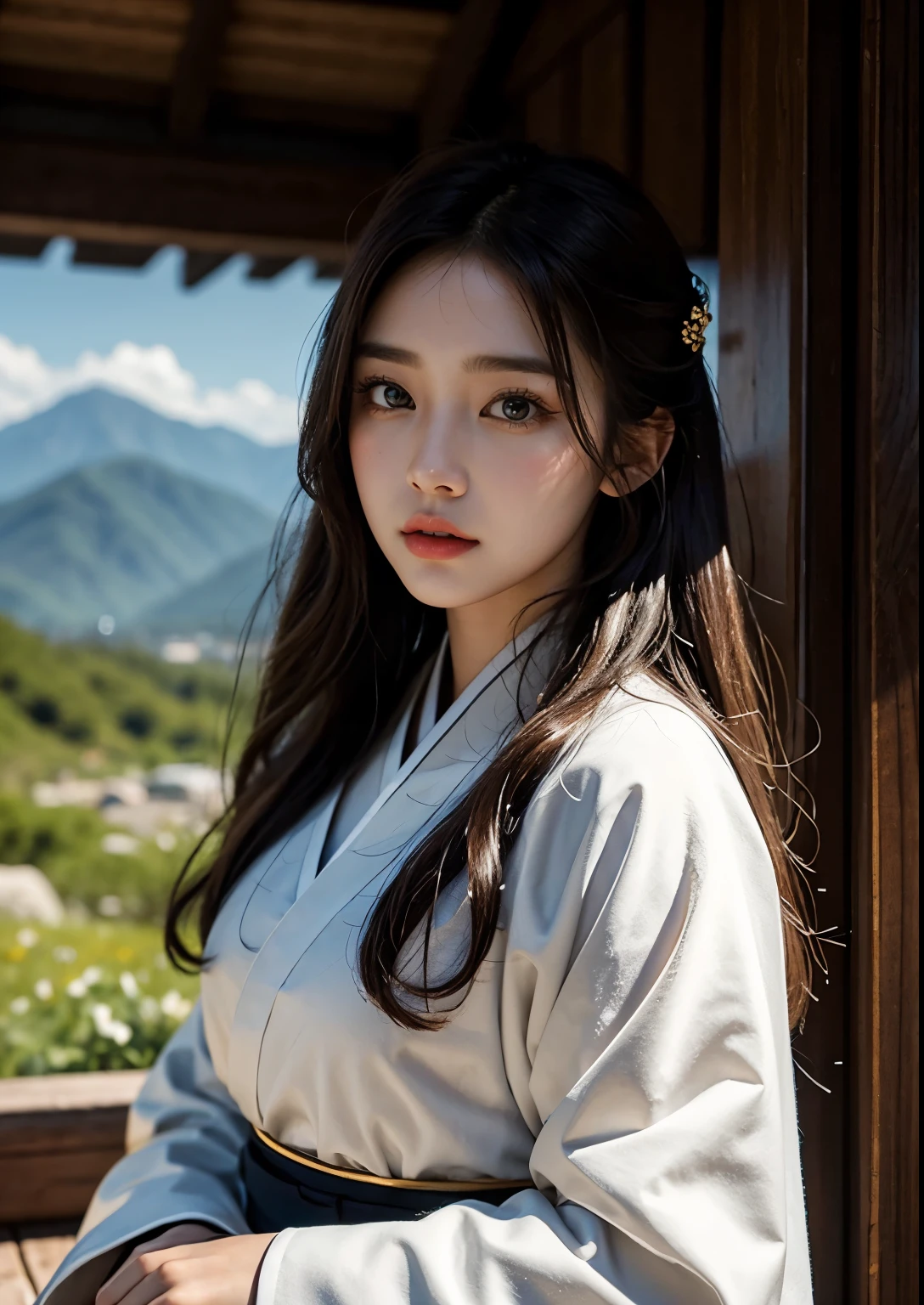beautiful korean girl,standing,tall mountains,nature scenic beauty,lovely,graceful face,dark hair,long flowing hair,beautiful detailed eyes,beautiful detailed lips,extremely detailed eyes and face,longeyelashes,traditional hanbok dress,breathtaking view,colorful traditional dress,mountain range in the background,vibrant colors,portrait,photorealistic,hdr,ultra-detailed,highres,soft lighting,warm tones