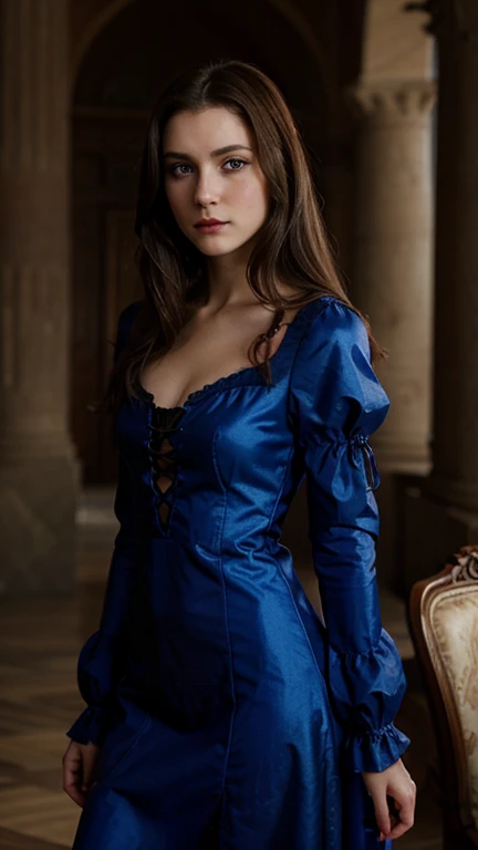 beautiful brunette vampire with blue eyes in a dress in the Renaissance style