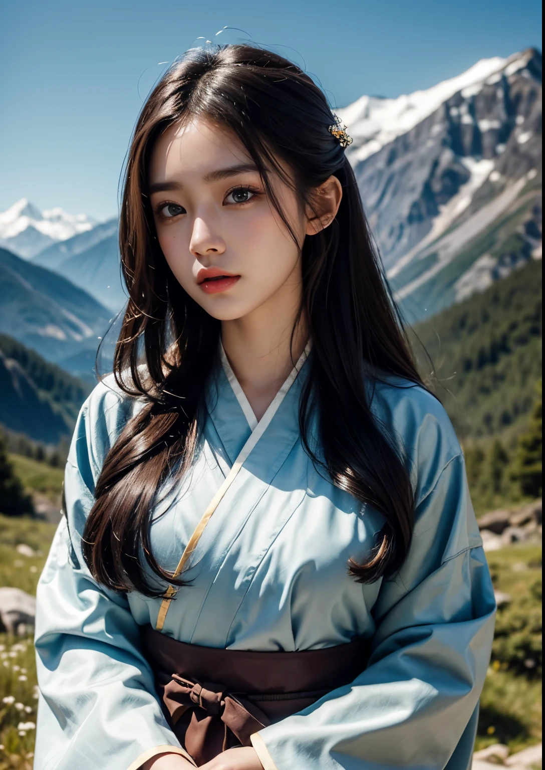 beautiful korean girl,standing,tall mountains,nature scenic beauty,lovely,graceful face,dark hair,long flowing hair,beautiful detailed eyes,beautiful detailed lips,extremely detailed eyes and face,longeyelashes,traditional hanbok dress,breathtaking view,colorful traditional dress,mountain range in the background,vibrant colors,portrait,photorealistic,hdr,ultra-detailed,highres,soft lighting,warm tones