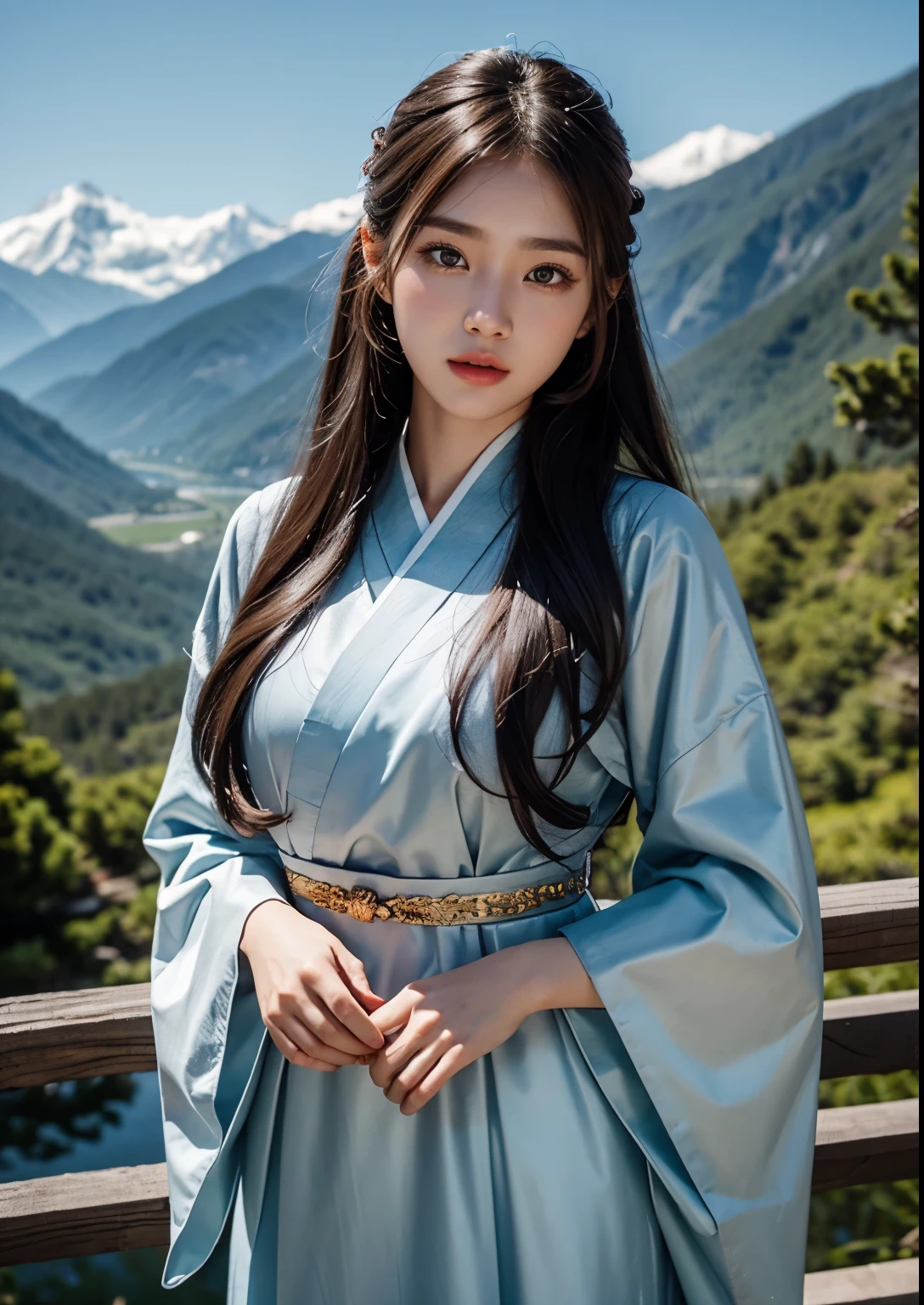 beautiful korean girl,standing,tall mountains,nature scenic beauty,lovely,graceful face,dark hair,long flowing hair,beautiful detailed eyes,beautiful detailed lips,extremely detailed eyes and face,longeyelashes,traditional hanbok dress,breathtaking view,colorful traditional dress,mountain range in the background,vibrant colors,portrait,photorealistic,hdr,ultra-detailed,highres,soft lighting,warm tones