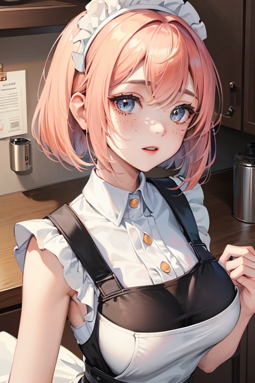 a closeup portrait of a girl, classic bob, apron, amazing body, pronounced feminine feature, busty, kitchen, [ash blonde | ginger | pink hair], freckles, flirting with camera