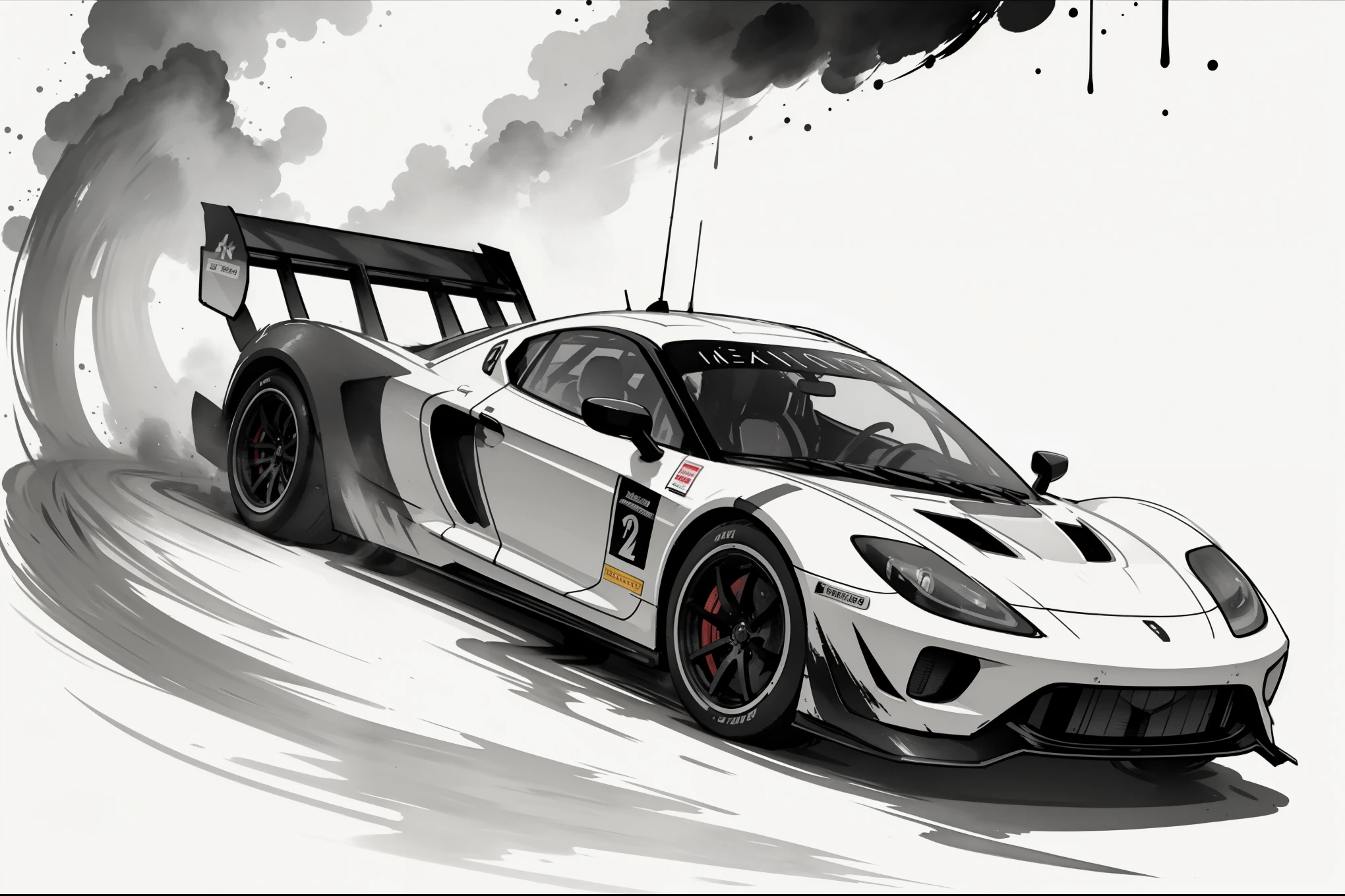 (8k, RAW Photos, 最high quality, masterpiece: 1.2), Black and White:1.4, Monochrome artwork, Ink Painting, (((Racing Car))), Streamlined body, GT Machine, Lively, The Roar of the Engines, (circuit driving:1.2), Expressing a sense of speed with ink splashes, (((Aggressive headlight design:1.2, Racing Machine, Front view))), high quality, (((Ink Painting))),