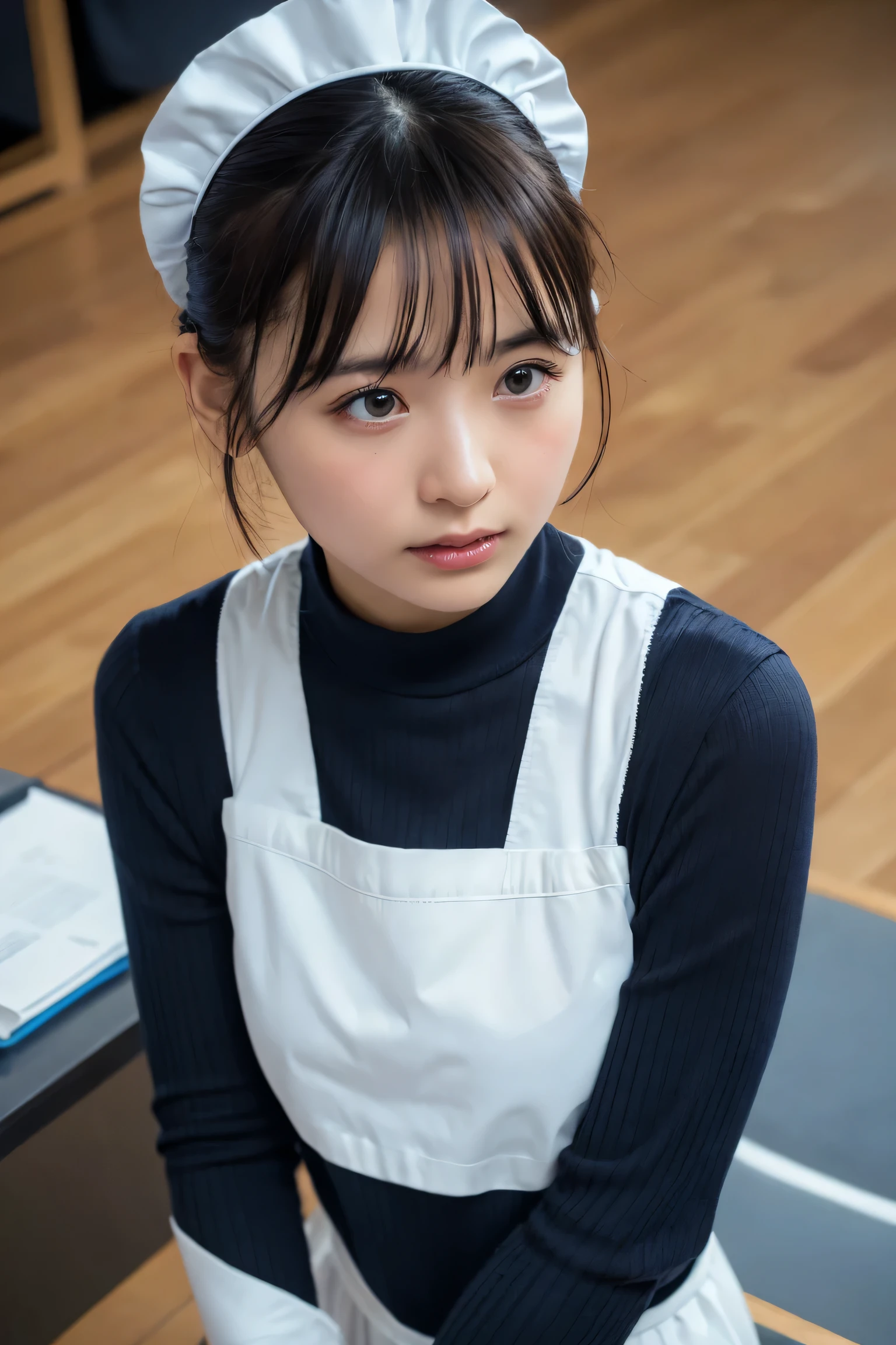 (8k, RAW Photos,highest quality, High resolution:1.1), (Ultra-realistic:1.4),(Realistic, Realistic:1.3),The Beauty of Japan、Rhythmic gymnastics club、Rhythmic Gymnastics Uniform、((Upper Body:1.3)),Maid Cafe、((Maid:1.3)),(Knitted sweater:1.3),Looking up、Shot from above、