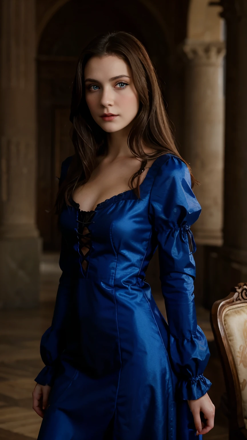 beautiful brunette vampire with blue eyes in a dress in the Renaissance style