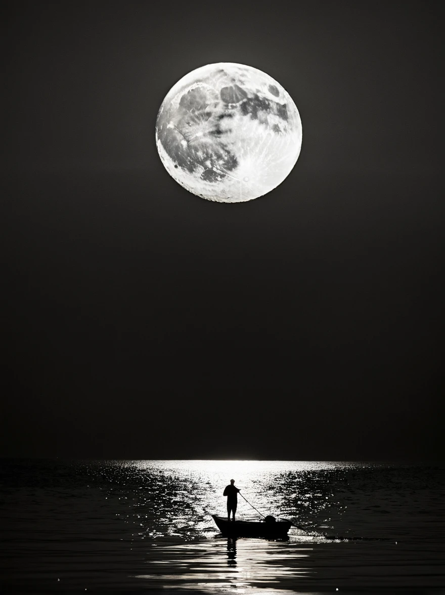 Picture a high-contrast monochromatic image. At the center of the scene, an unidentified figure stands aboard a small boat, their silhouette sharply drawn against the luminescent full moon, The environment around them is a minimalist seascape, exuding an atmosphere of tranquility and solitude, The image echoes the peacefulness of nature, with the solitary character deeply immersed in contemplation, The fine details of the image should allude to the subject's inner reflections and engagement with their scenic surroundings, The aesthetic result should resemble a shot taken with a high-quality digital camera equipped with a 50mm lens,(monochrome:1.5),(Black and White Photography:1.3)