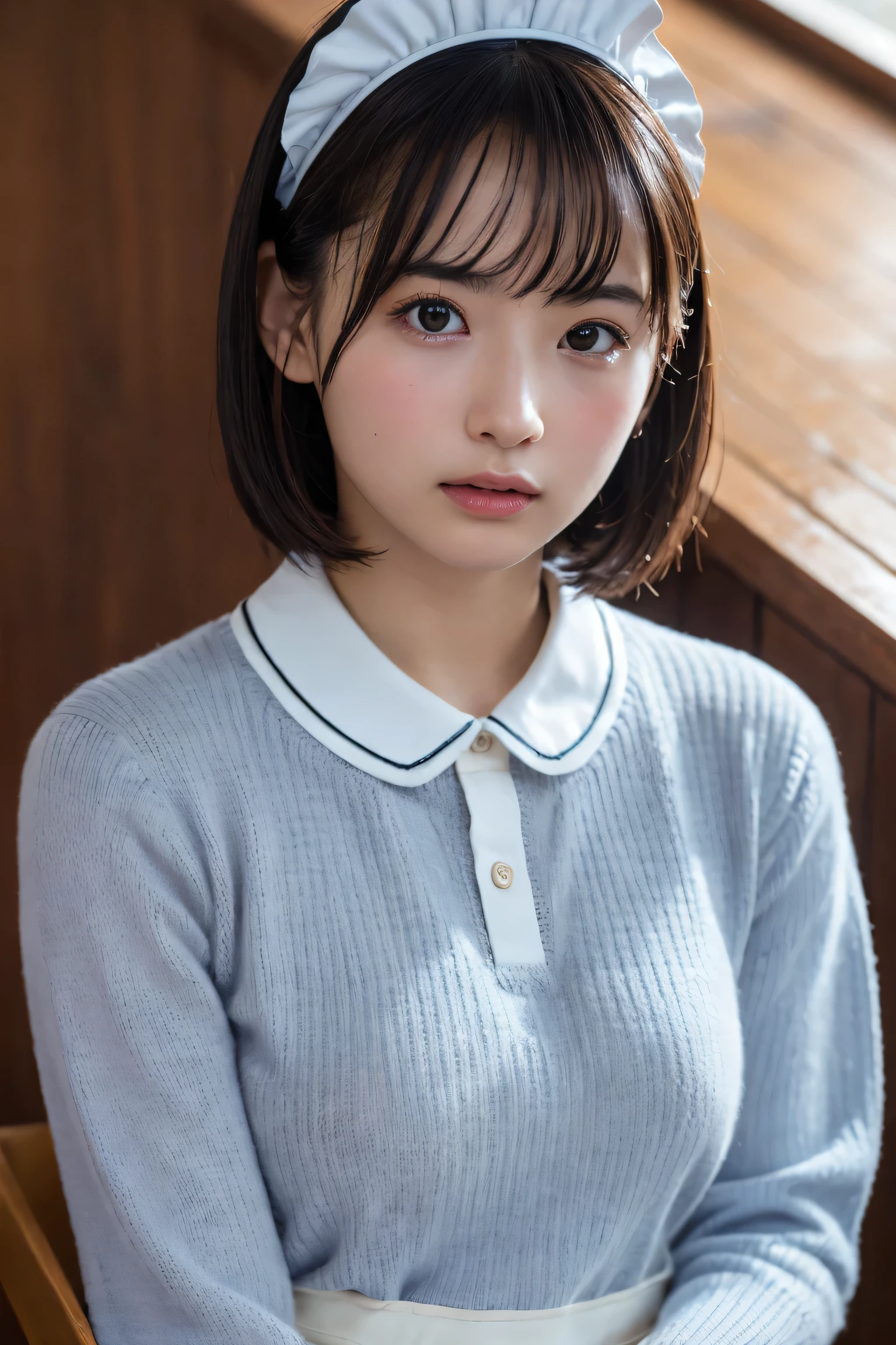 (8k, RAW Photos,highest quality, High resolution:1.1), (Ultra-realistic:1.4),(Realistic, Realistic:1.3),The Beauty of Japan、Rhythmic gymnastics club、Rhythmic Gymnastics Uniform、((Upper Body:1.3)),Maid Cafe、((Maid:1.3)),(Knitted sweater:1.3),Looking up、Shot from above、