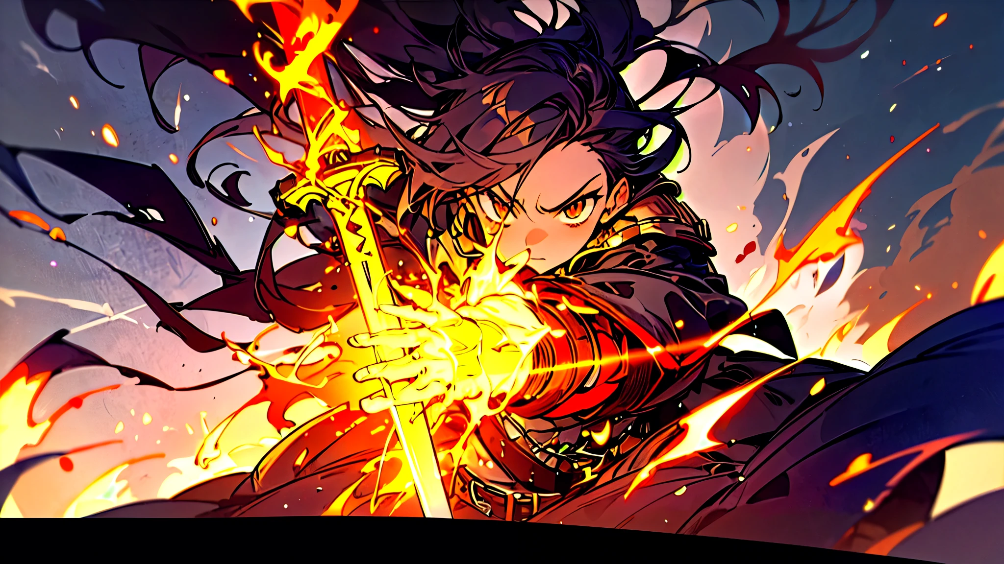 highest quality、anime、Medieval Europe、Fantasy、A female adventurer determined to face her enemies on the battlefield.、Background flames、Cut through the flames with a sword、High tension and dramatic atmosphere、Vibrant colors