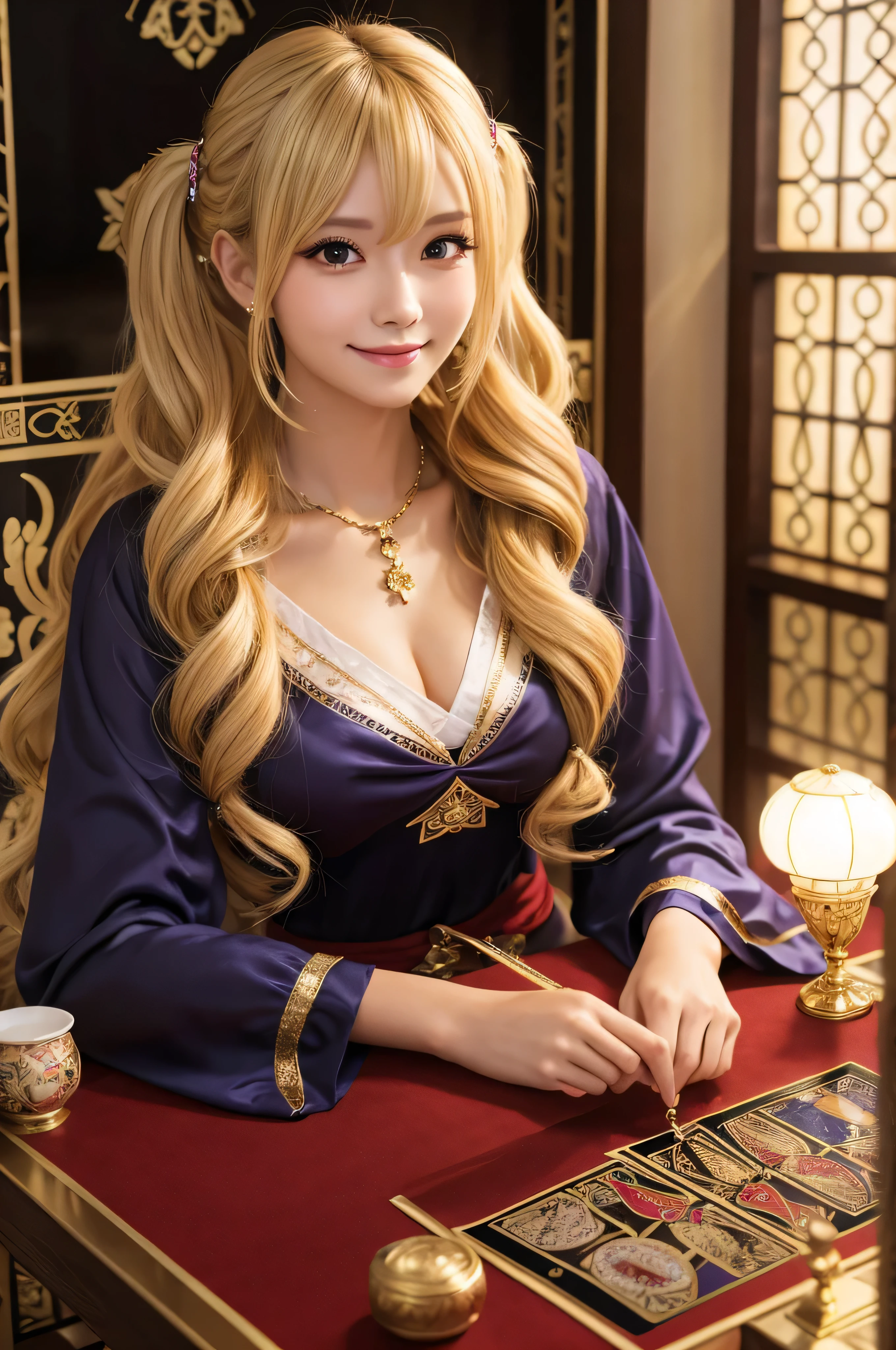 masterpiece, best quality, gyaru fortune teller, long wavy hair, blonde hair, twintails, shiny hair, wearing blouse, holding tarot cards, sitting, smile, detailed face, 8k, cinematic light, indoors
