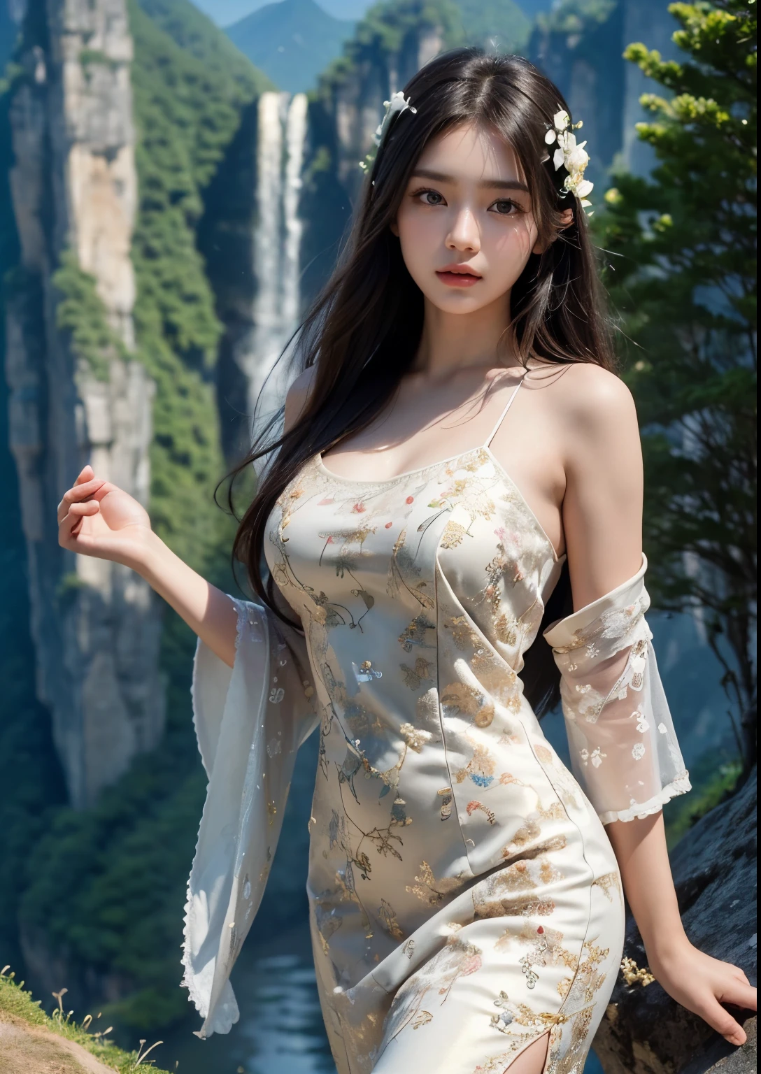 (best quality,4k,8k,highres,masterpiece:1.2),ultra-detailed,(realistic,photorealistic,photo-realistic:1.37),high-resolution portraits, beautiful Asian girl, ((((standing in front of Tianzi Shan Mountain Zhangjiajie)))),((Fiona pink Misty Flower Embroidered Cotton above knee length Dress)),green mountains,((very very tall mountains)),((every where tall Mountains)),serene expression,dark flowing hair,peaceful atmosphere,ethereal beauty,harmonious composition,delicate features,lush vegetation,golden sunlight,graceful posture,soothing ambiance,serene and majestic,the girl's eyes reflect the beauty of the mountains,magical and dreamlike,tranquility and harmony,serene and ethereal,gentle and graceful,natural beauty,mesmerizing scenery,looks like a painting,captivating beauty,incredible natural wonder,serenity and tranquility,majestic and awe-inspiring, (stylish angles), ((stylish poses)), Young round breasts, young body, perfect body figure, Slender, (bright skin)), ((cinematic photography))