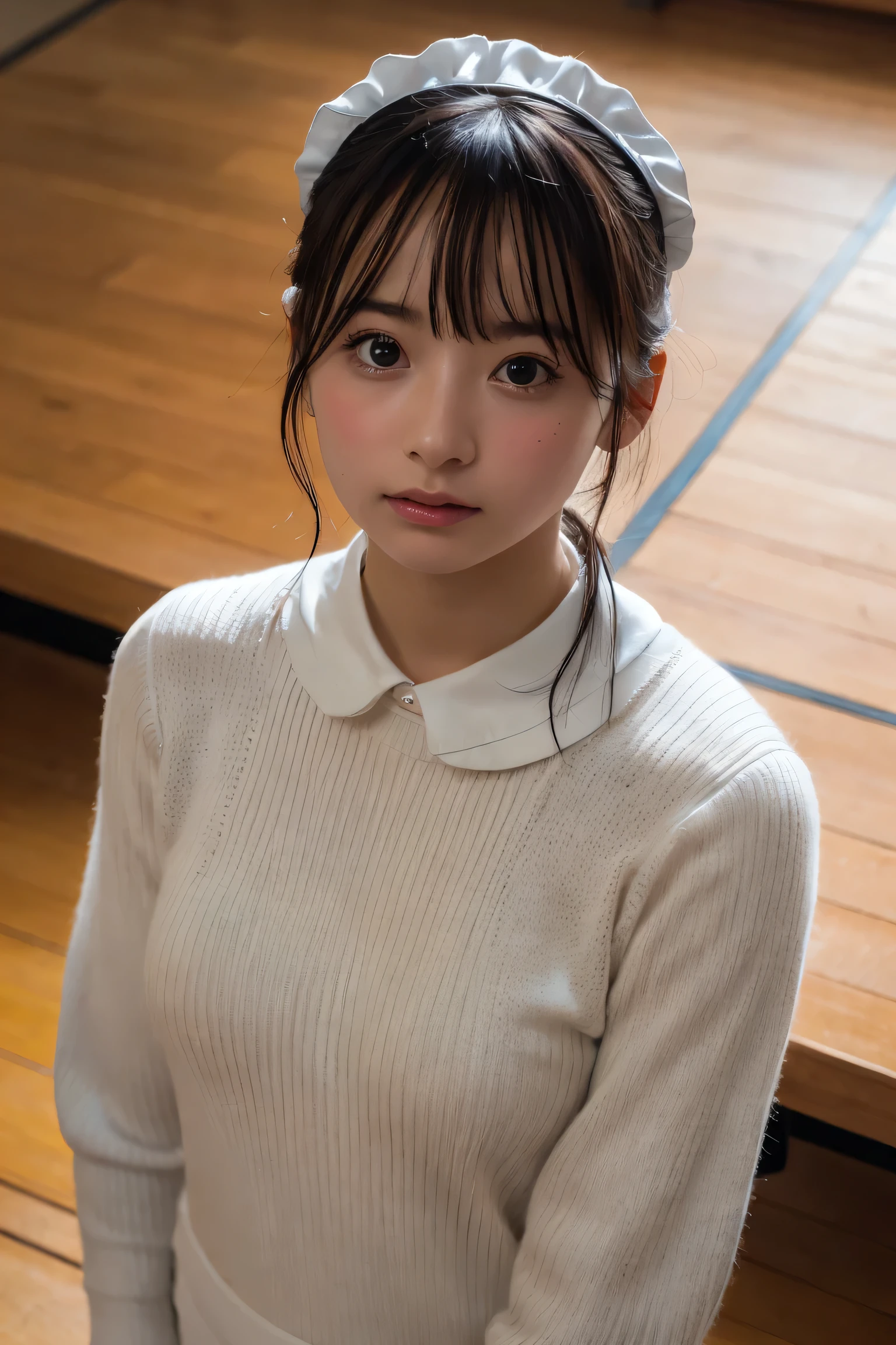 (8k, RAW Photos,highest quality, High resolution:1.1), (Ultra-realistic:1.4),(Realistic, Realistic:1.3),The Beauty of Japan、Rhythmic gymnastics club、Rhythmic Gymnastics Uniform、((Upper Body:1.3)),Maid Cafe、((Maid:1.3)),(Knitted sweater:1.3),Looking up、Shot from above、