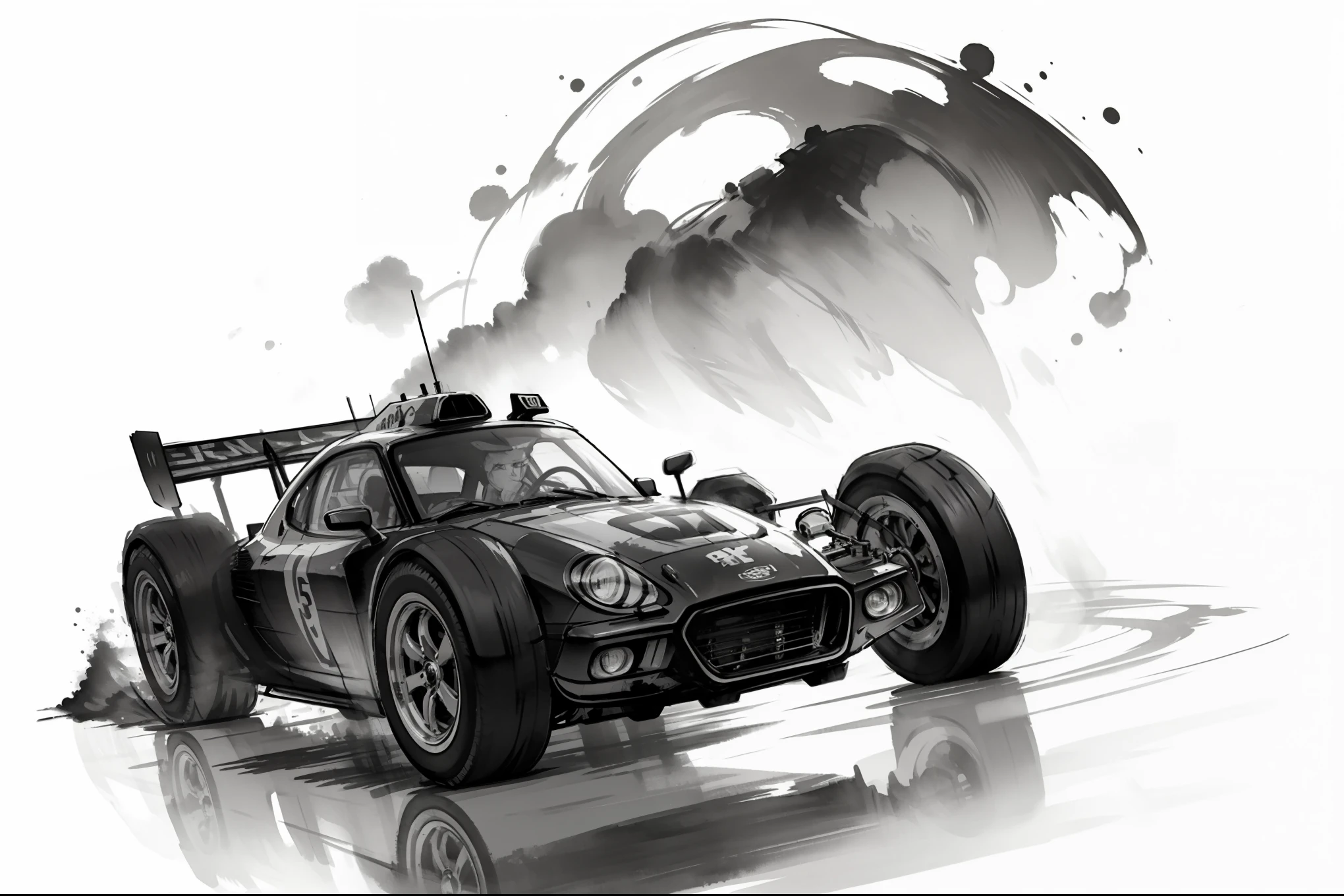 (8k, RAW Photos, 最high quality, masterpiece: 1.2), Black and White:1.4, Monochrome artwork, Ink Painting, (((Racing Car))), Streamlined body, GT Machine, Lively, The Roar of the Engines, (circuit driving:1.2), Expressing a sense of speed with ink splashes, (((Aggressive headlight design:1.2, Racing Machine, Front view))), high quality, (((Ink Painting))),