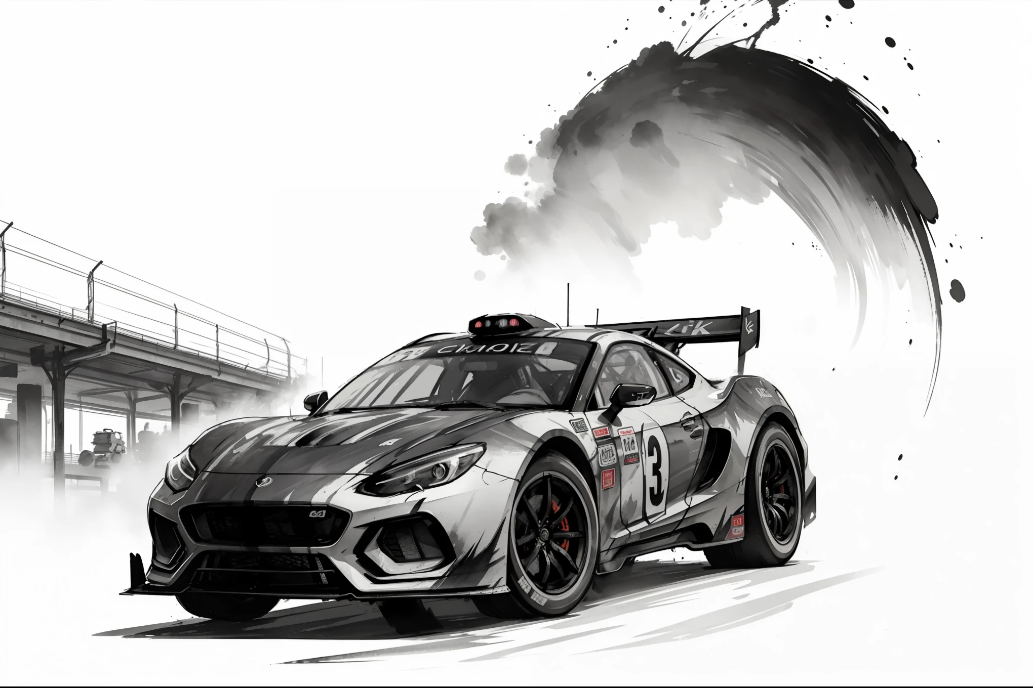 (8k, RAW Photos, 最high quality, masterpiece: 1.2), Black and White:1.4, Monochrome artwork, Ink Painting, (((Racing Car))), Streamlined body, GT Machine, Lively, The Roar of the Engines, (circuit driving:1.2), Expressing a sense of speed with ink splashes, (((Aggressive headlight design:1.2, Racing Machine, Front view))), high quality, (((Ink Painting))),