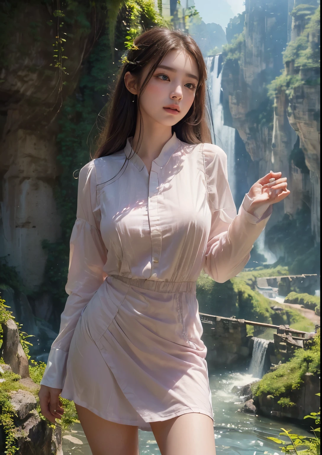 (best quality,4k,8k,highres,masterpiece:1.2),ultra-detailed,(realistic,photorealistic,photo-realistic:1.37),high-resolution portraits, beautiful Korean girl, 18 years girl,((((standing in front of Tianzi Shan Mountain Zhangjiajie)))),(((pink colour Maze Asymmetrical Tuck Shirt above knee length Dress))),green mountains,((very very tall mountains)),((every where tall  Mountains)),((((mountains hanging in vines)))),((((waterfalls in hanging mountains in vines)),serene expression,dark flowing hair,peaceful atmosphere,ethereal beauty,harmonious composition,delicate features,lush vegetation,golden sunlight,graceful posture,soothing ambiance,serene and majestic,the girl's eyes reflect the beauty of the mountains,magical and dreamlike,tranquility and harmony,serene and ethereal,gentle and graceful,natural beauty,mesmerizing scenery,looks like a painting,captivating beauty,incredible natural wonder,serenity and tranquility,majestic and awe-inspiring, (stylish angles), ((stylish poses)), Young round breasts, young body, perfect body figure, Slender, (bright skin)), ((cinematic photography))