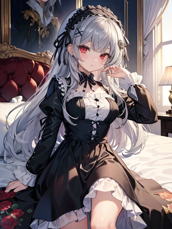 masterpiece, highest quality, Very detailed, 16k, Ultra-high resolution, Cowboy Shot, One 14-year-old girl, Detailed face, Perfect Fingers, sui1,Mercury lamp, Red eyes, Long Hair, Gothic Dress, Gray Hair, Floral Hair Ornament, Long sleeve, Gothic Headband, ribbon, Black Dress, White panties, classical European style bedroom, bed, Lie on your back