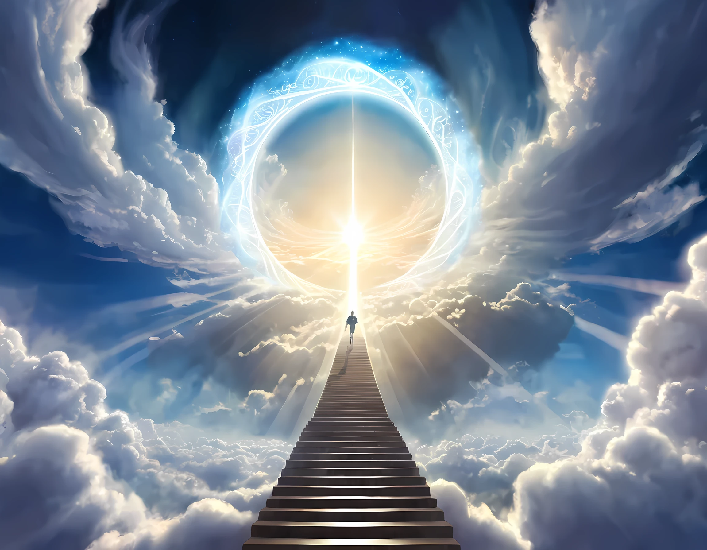 Digital illustration of a figure ascending a staircase of clouds towards a glowing celestial portal, representing the journey to higher realms on Ascension Day，Xill