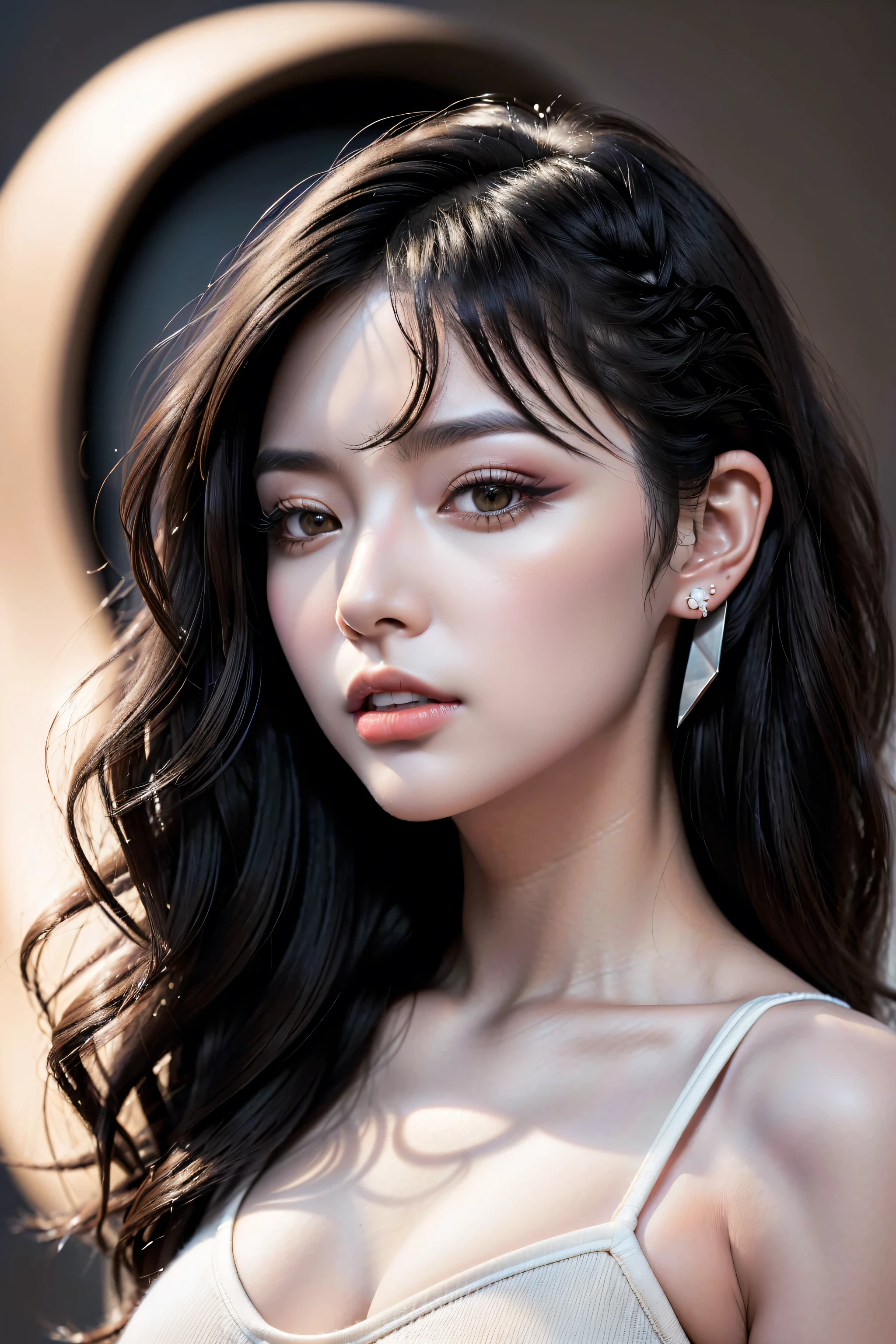 Realism, a realistic photo of (1girl:1.3, 20-year-old), ((in a photo studio)), (Warm color background:1.25), ((mid long (black:1.2) hair, ((wavy, combed up, behind the ear)), extremely complicated details:1.45)), (extremely detailed CG unity 8k wallpaper), (best high quality real texture skin:1.3, A woman with velvety skin:1.2), ((best high quality real texture hair)), photo of the most beautiful artwork in the world, professional majestic (photography by Steve McCurry), 8k uhd, dslr, soft lighting, high quality, Fujifilm XT3 sharp focus, f 5.6, High Detail, dramatic, (((stand straight, head turned to the left:1.45))), Wear a white tank top, (the most absurd quality perfect eyes:1.25), ((super beautiful cute sharp-face)), (light pale complexion), ((clear no blur and sharp perfect round realistic dark_eyes:1.66)), ultra details:1.2), ((finely detailed pupils:1.2)), (((close-set eyes:1.5))), ((detailed symmetrical lips:1.3)), pink_lipstick:1.18, ((professional studio lighting, eyes, body and face lighting:1.3)), ((zoom out the camera:1.6)),