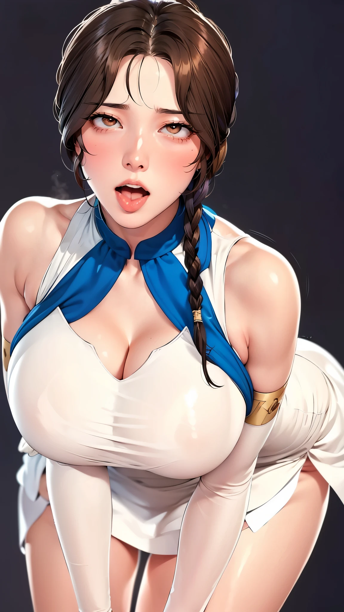 （（（完美figure，figure，solo， White and tender skin，（（（Cyberpunk，chinese clothes, china dress, covered navel, bridal gauntlets, bare shoulders, pantyhose,））），（（（brown eyes, braid, long hair, braided ponytail, single braid,  hair over shoulder, bangs, blush, lips））），((masterpiece)),high resolution, ((Best quality at best))，masterpiece，quality，Best quality，（（（ Exquisite facial features，Looking at the audience,There is light in the eyes，(（（Open your mouth，Separate your lips，ahegao，Sticking out tongue））），型figure:1.7））），（（（Light and shadow，Huge breasts））），（（（Looking at the camera，black background，bend over)）））