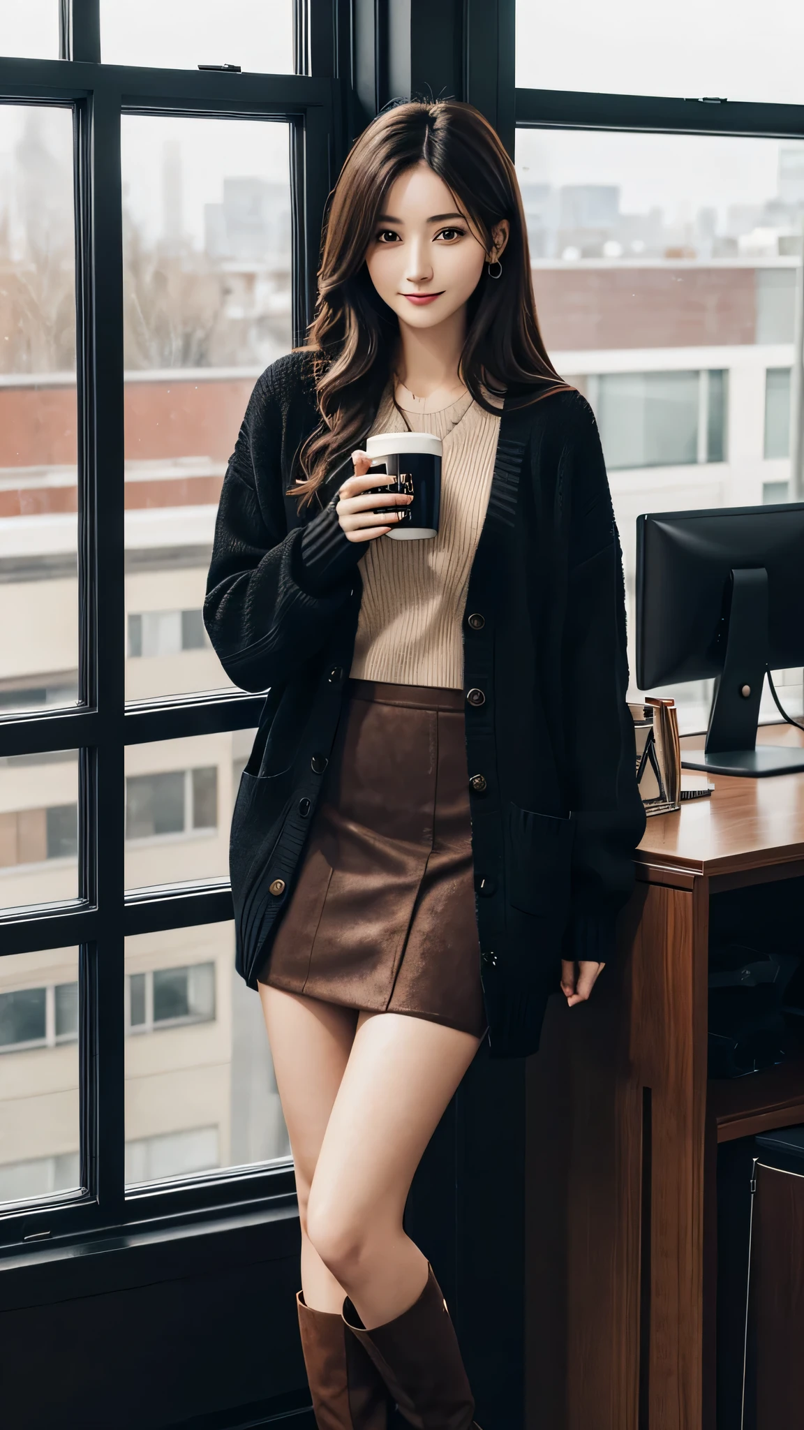 indoor, Portraiture, A 25-year-old woman holding a coffee cup, Black cropped knit cardigan, arm:1, Dark red slim skirt with black check pattern, Black knee-high suede boots, Standing next to the office window