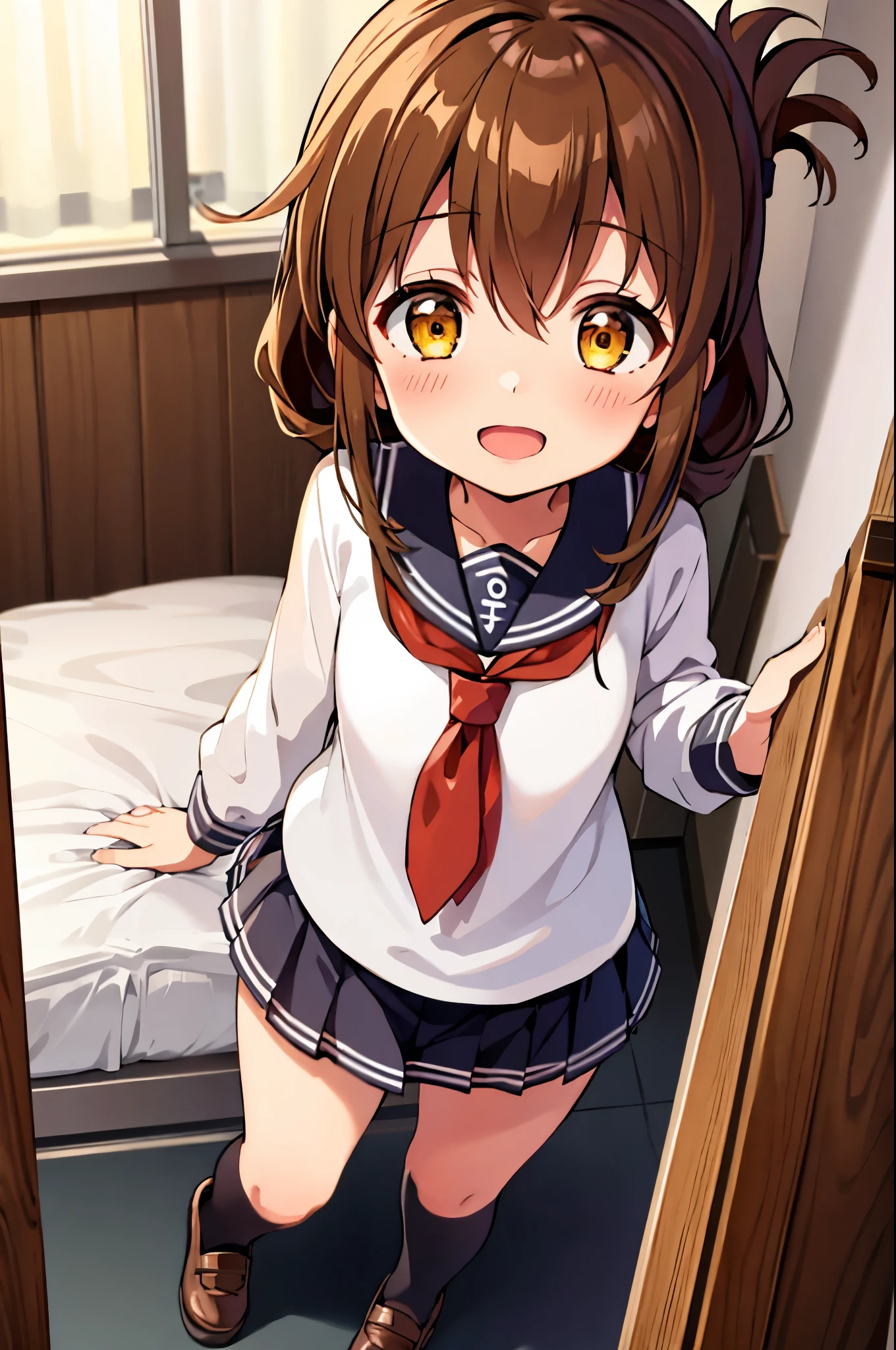 long hair, looking at viewer, blush, smile, open mouth, multiple girls, skirt, brown hair, shirt, long sleeves, 2girls, hair between eyes, brown eyes, , yellow eyes, white shirt, pleated skirt, serafuku, socks, indoors, black skirt, sailor collar, neckerchief, pillow, kneehighs, window, curtains, black socks, carrying, red neckerchief, black sailor collar, folded ponytail, anchor symbol, princess carry, inazuma \(kancolle\),